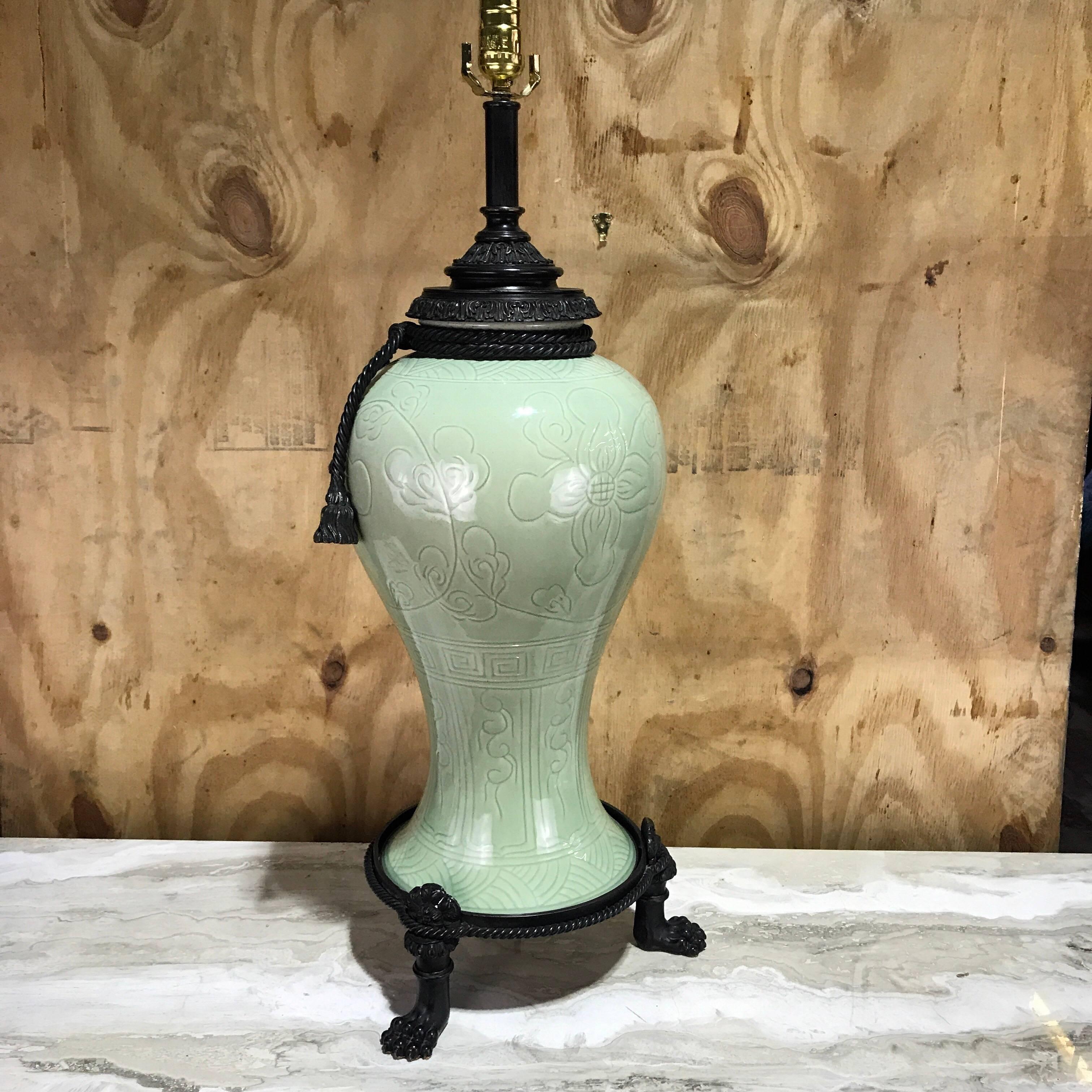 Large Pair of Chinese Celadon Bronze-Mounted Lamps 3