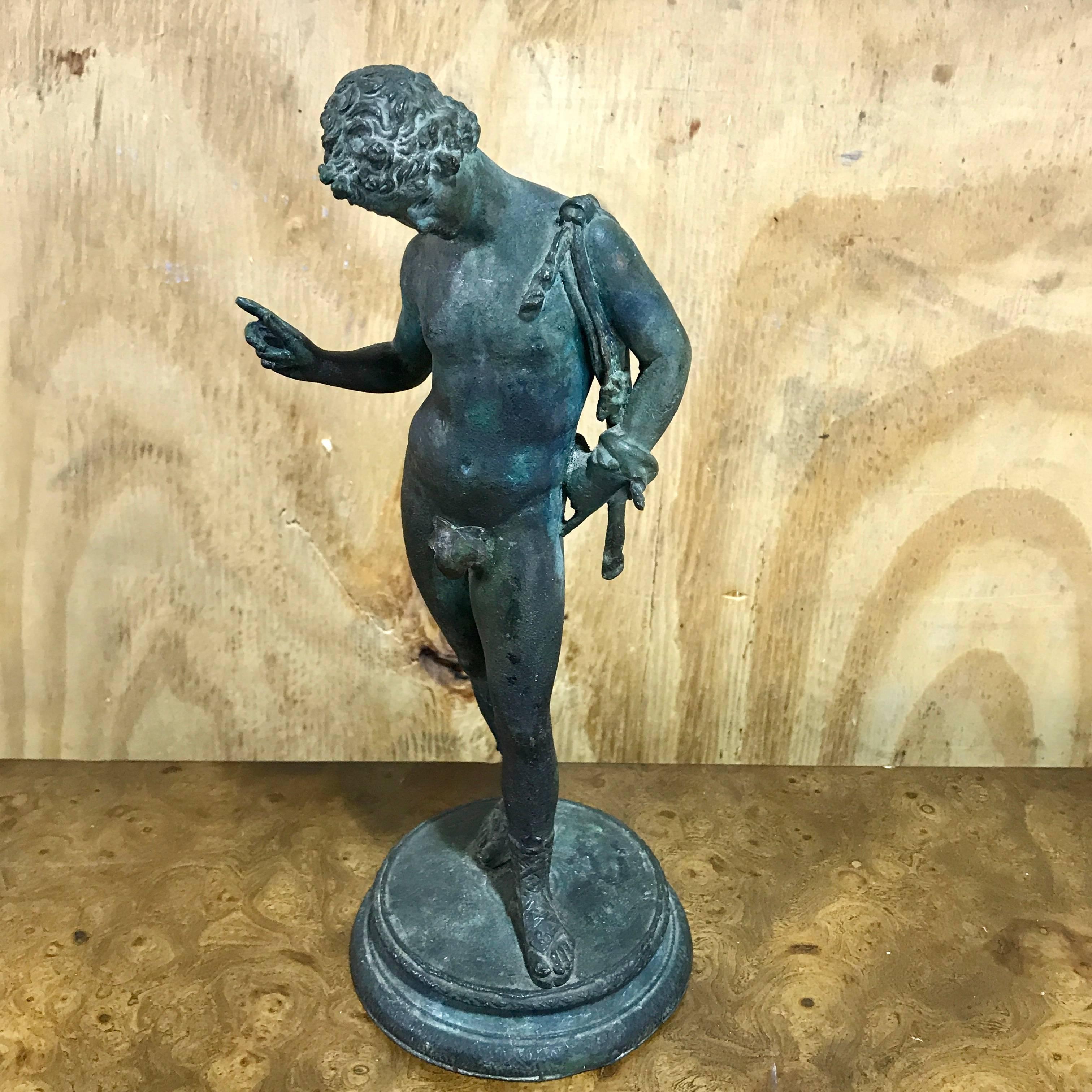 19th century grand tour bronze sculpture of narcissus with fig leaf, (non removable) of typical form, nicely cast with warm verdigris patina. Anatomically correct, covered with affixed fig leaf, denotes, early-mid Victorian period casting, Unsigned,