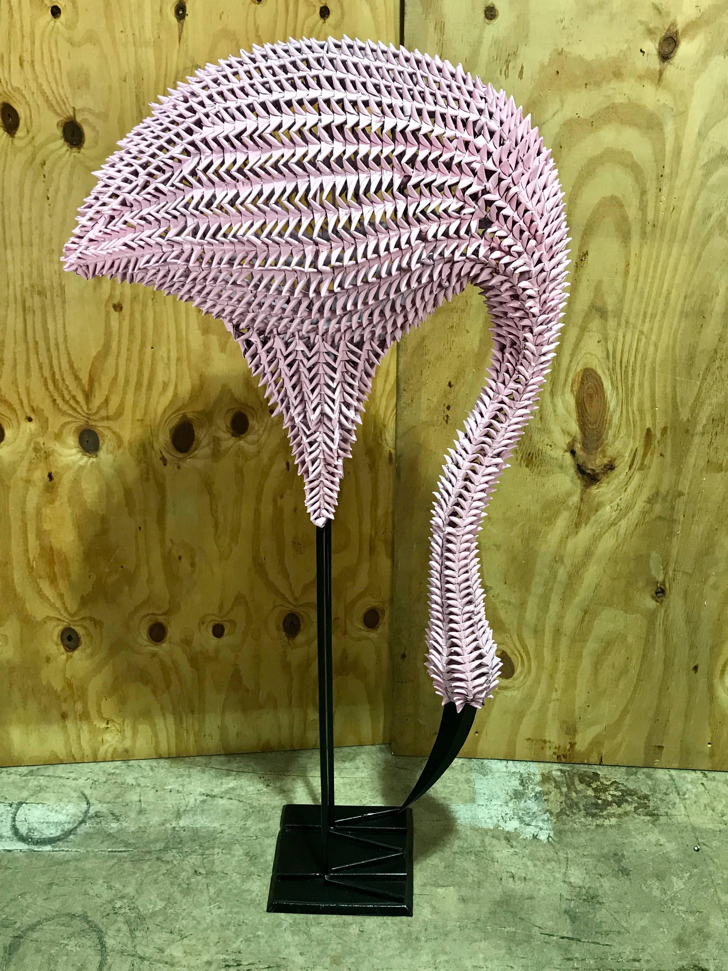 Midcentury rattan and reed lifesize pink flamingo sculpture, standing 48