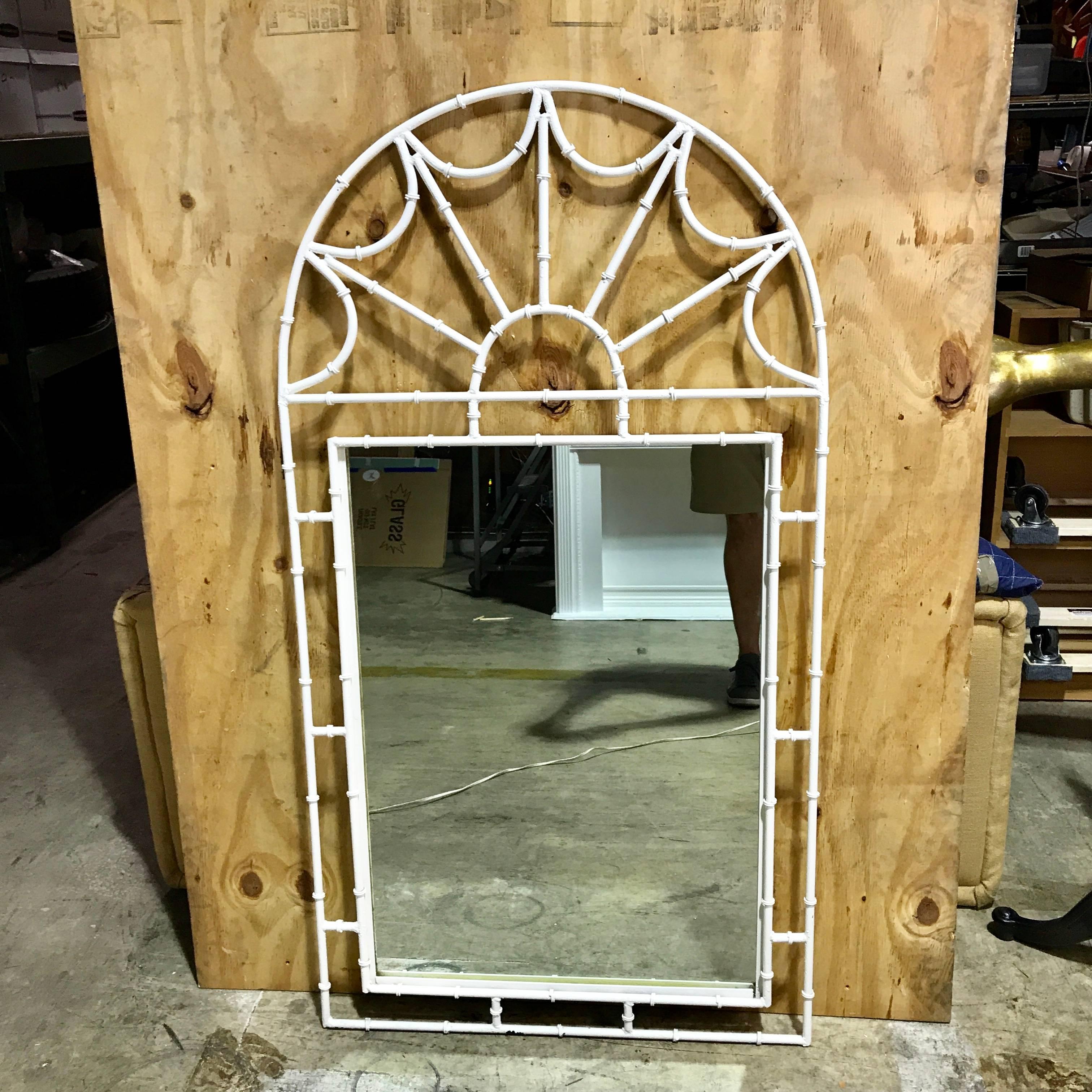 Midcentury Faux Bamboo Iron Mirror in White In Good Condition In West Palm Beach, FL