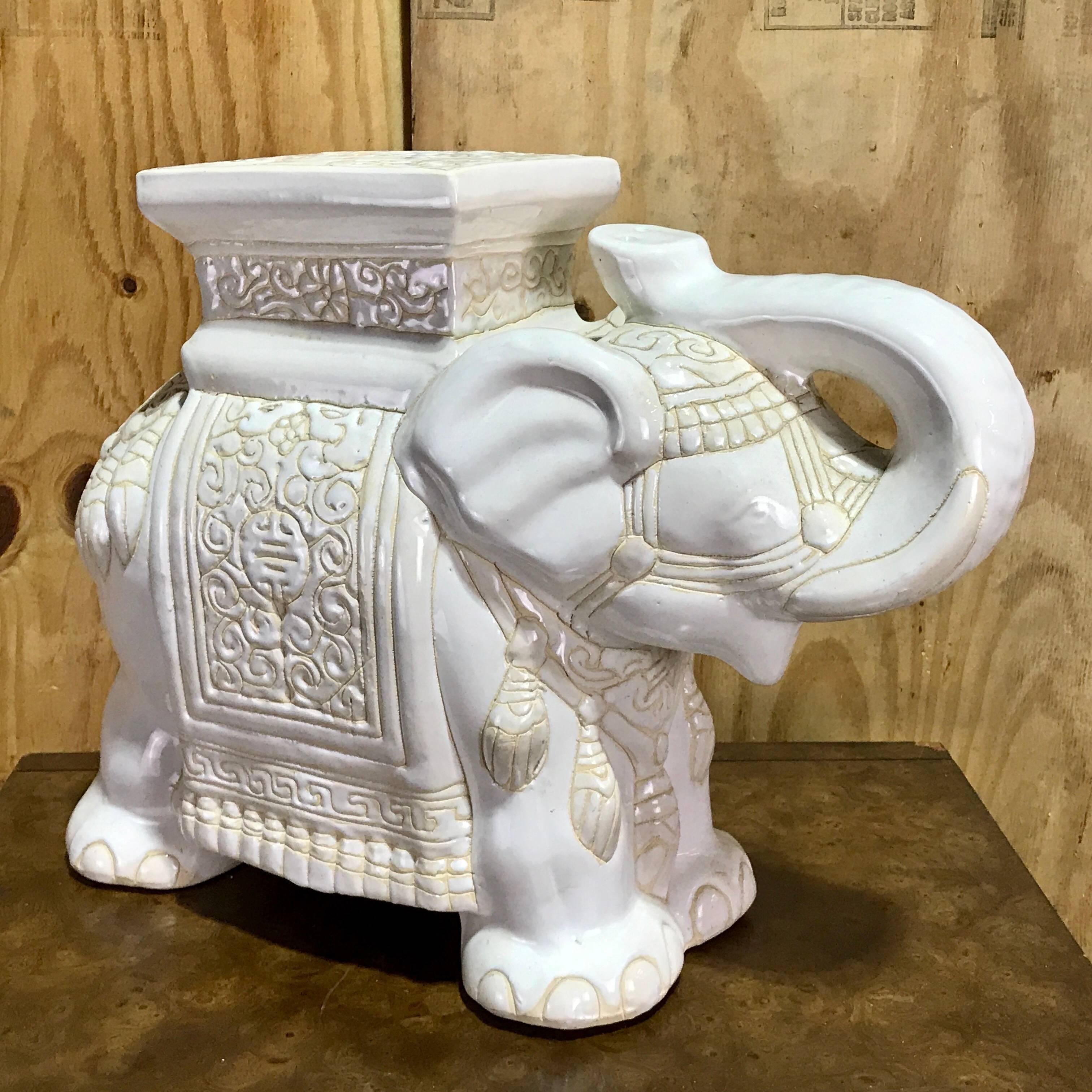 Italian Midcentury Porcelain Standing Elephant Garden Seat in White and Yellow