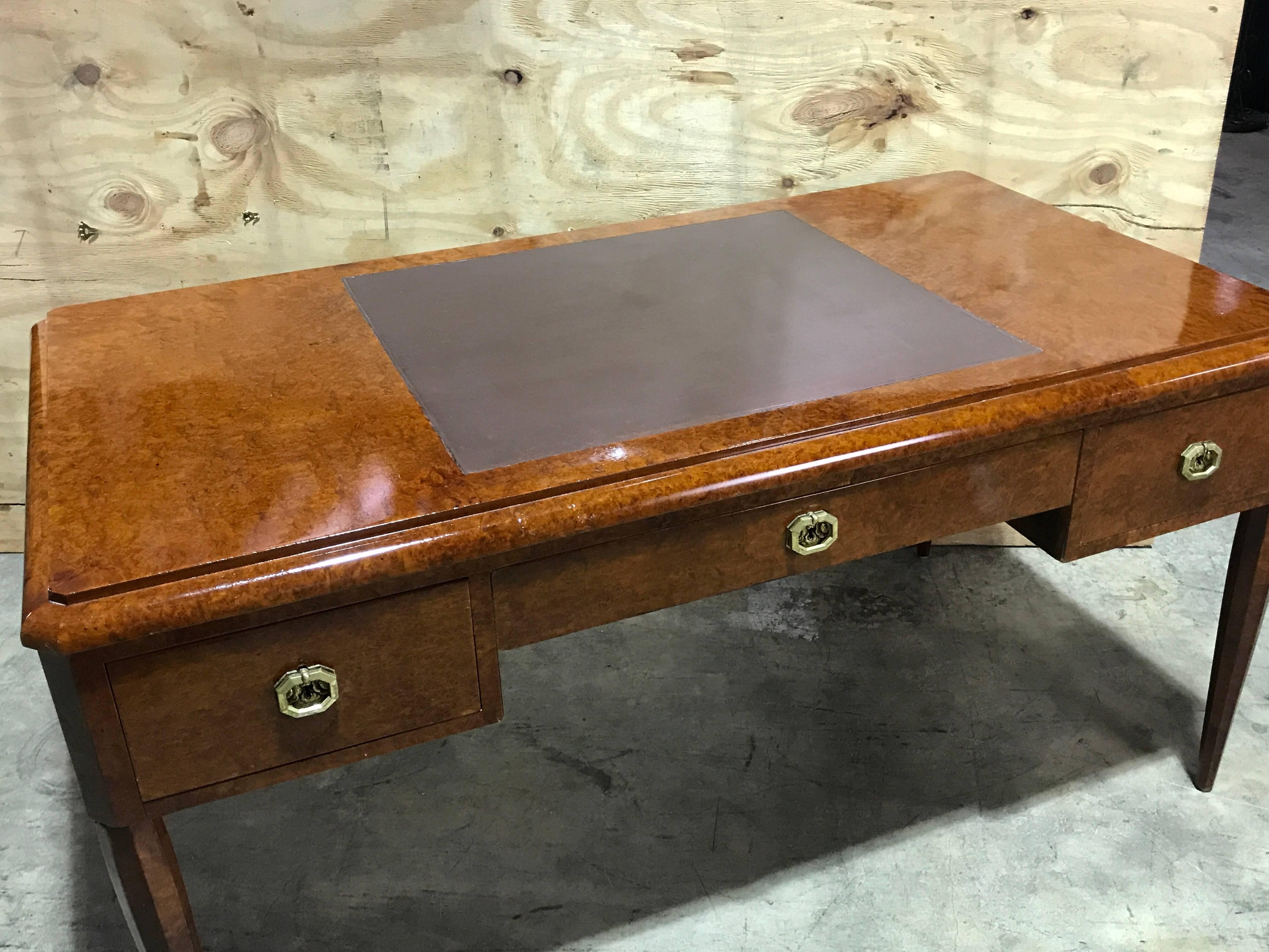 French Art Deco Burl Wood and Leather Desk 1