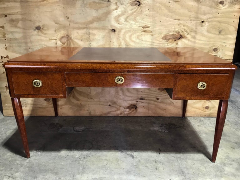 French Art Deco Burl Wood and Leather Desk For Sale at 1stDibs