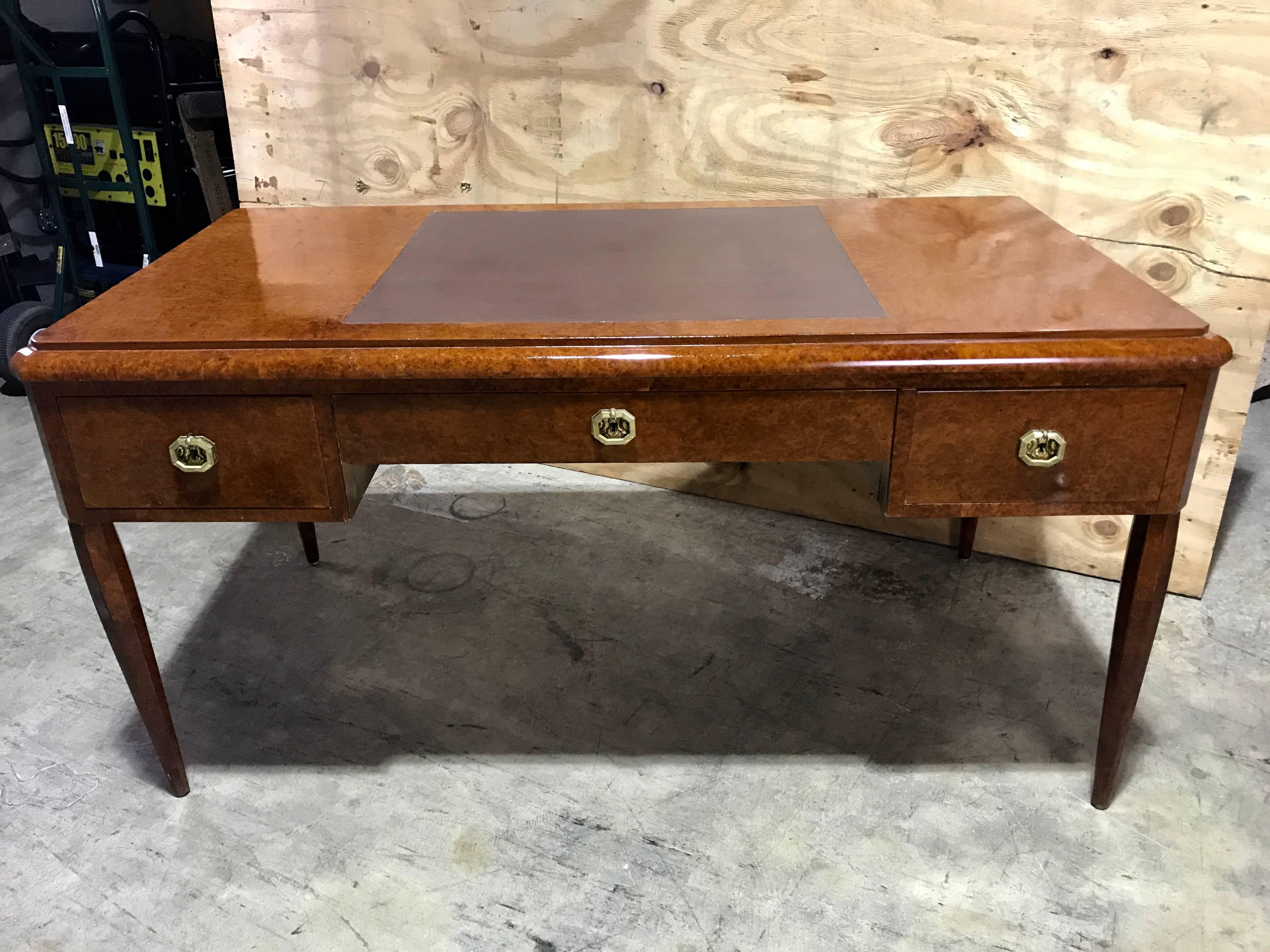 Bronze French Art Deco Burl Wood and Leather Desk