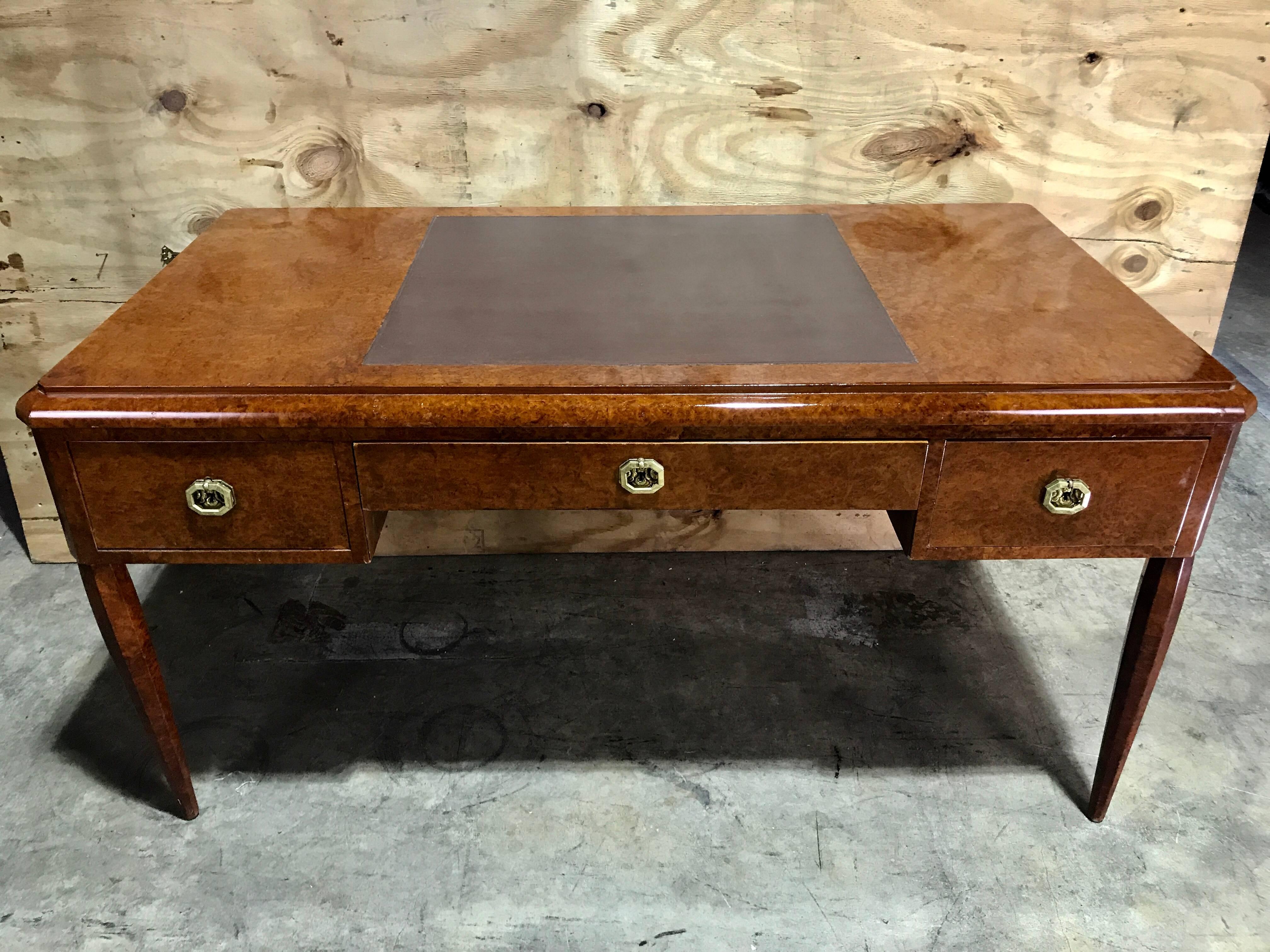 French Art Deco Burl Wood and Leather Desk In Good Condition In West Palm Beach, FL
