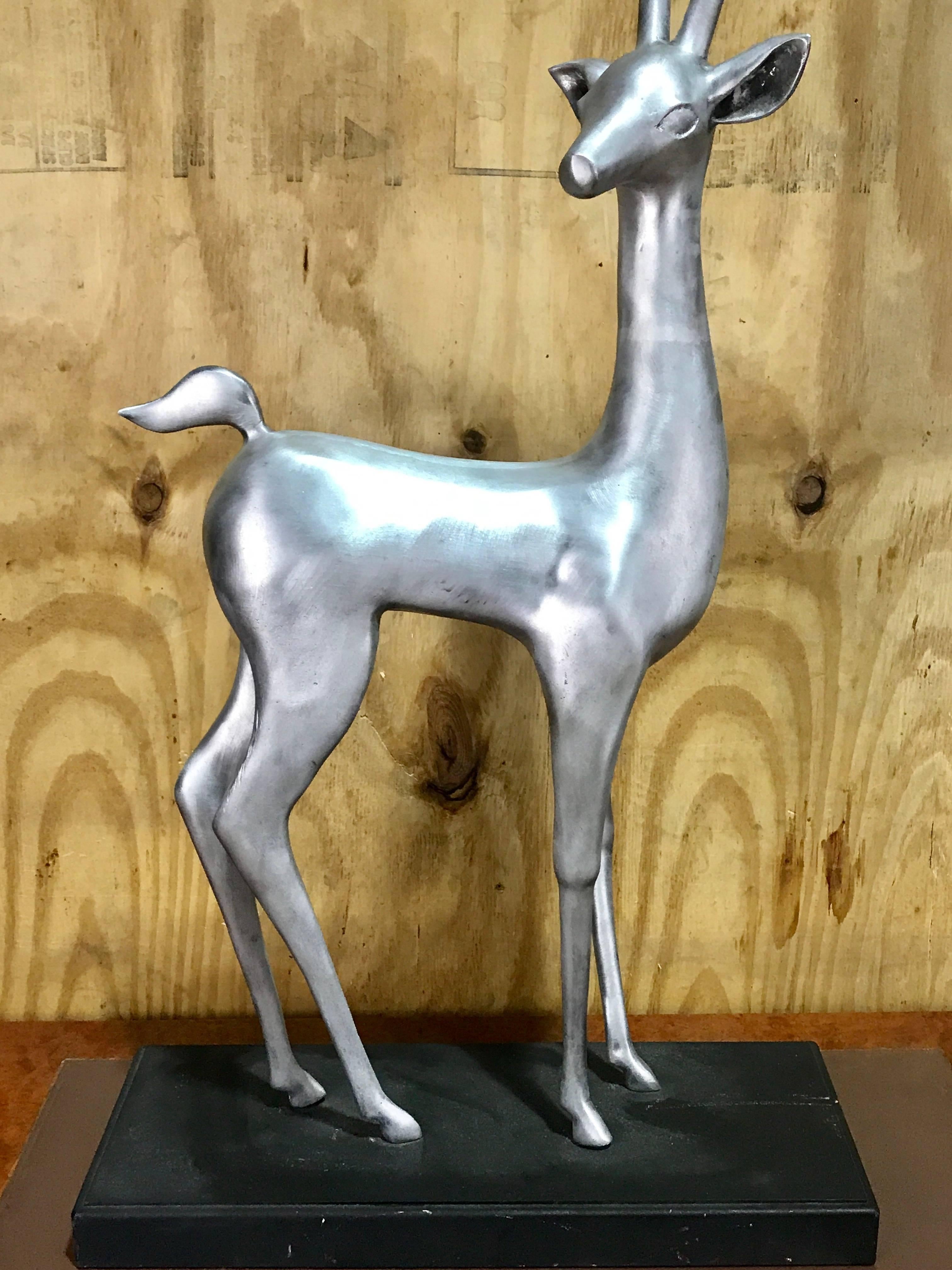 Large French modern sculpture of an Impala, standing on a blackened metal plinth base 45