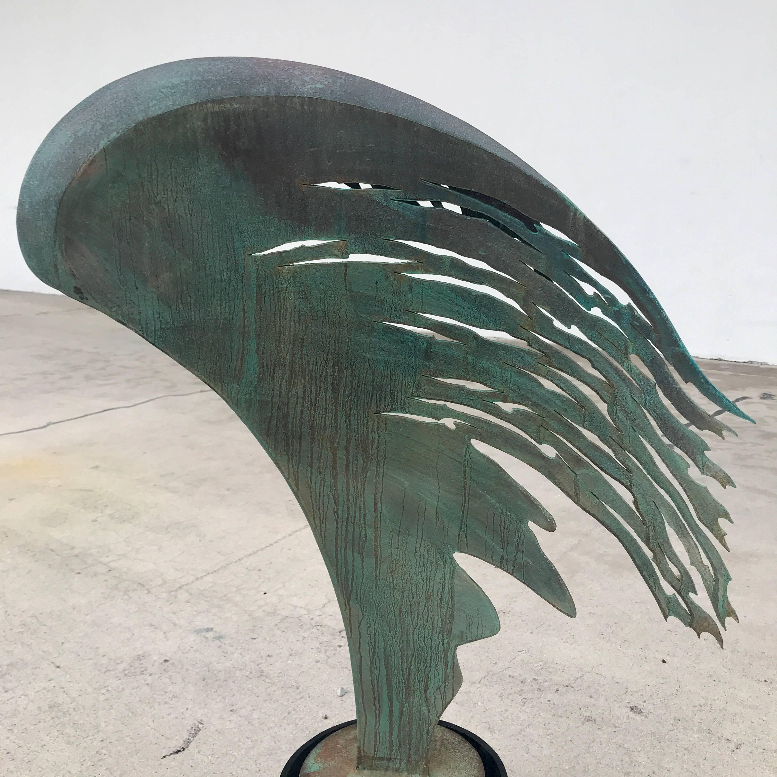 Midcentury Angel Wing Sculpture, Beautifully cast and finished, pierced acid washed- verdigris patinated Iron, raised on an 11