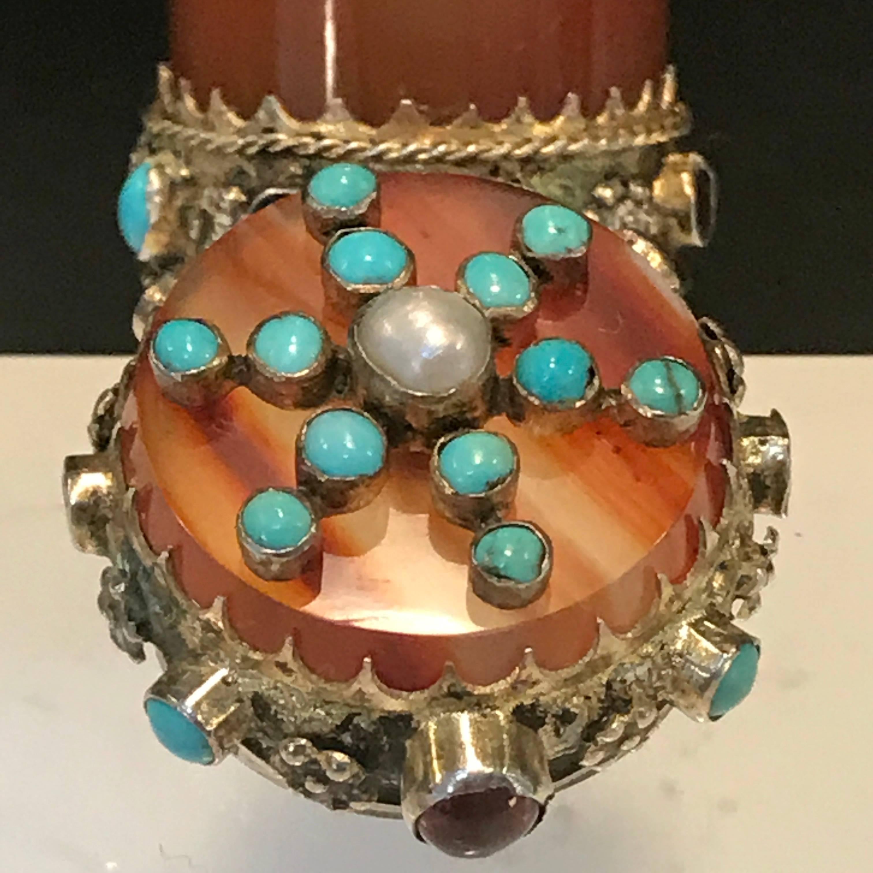 20th Century French Carved Agate, Silver and Jeweled Vesta or Match Safe