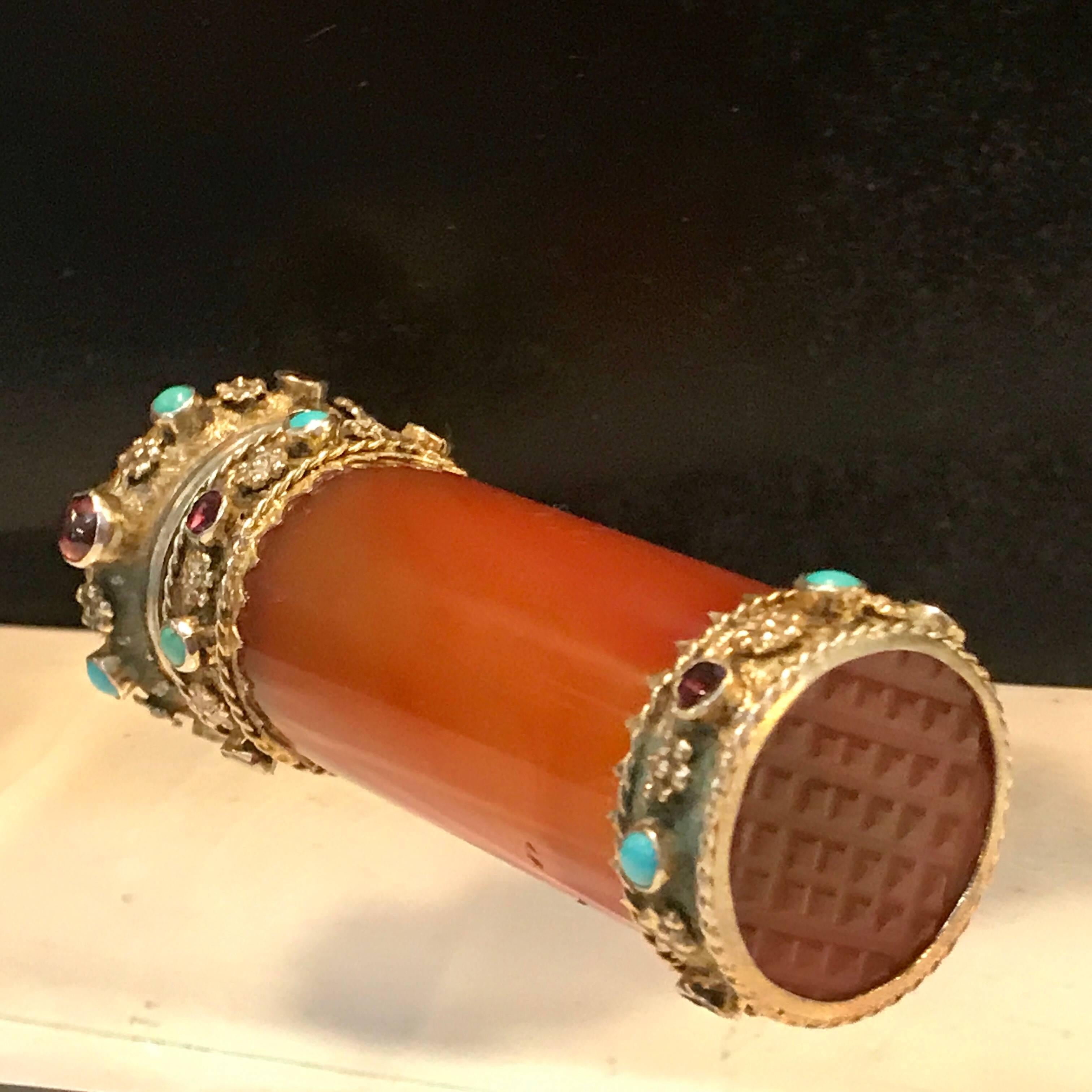 French Carved Agate, Silver and Jeweled Vesta or Match Safe 4