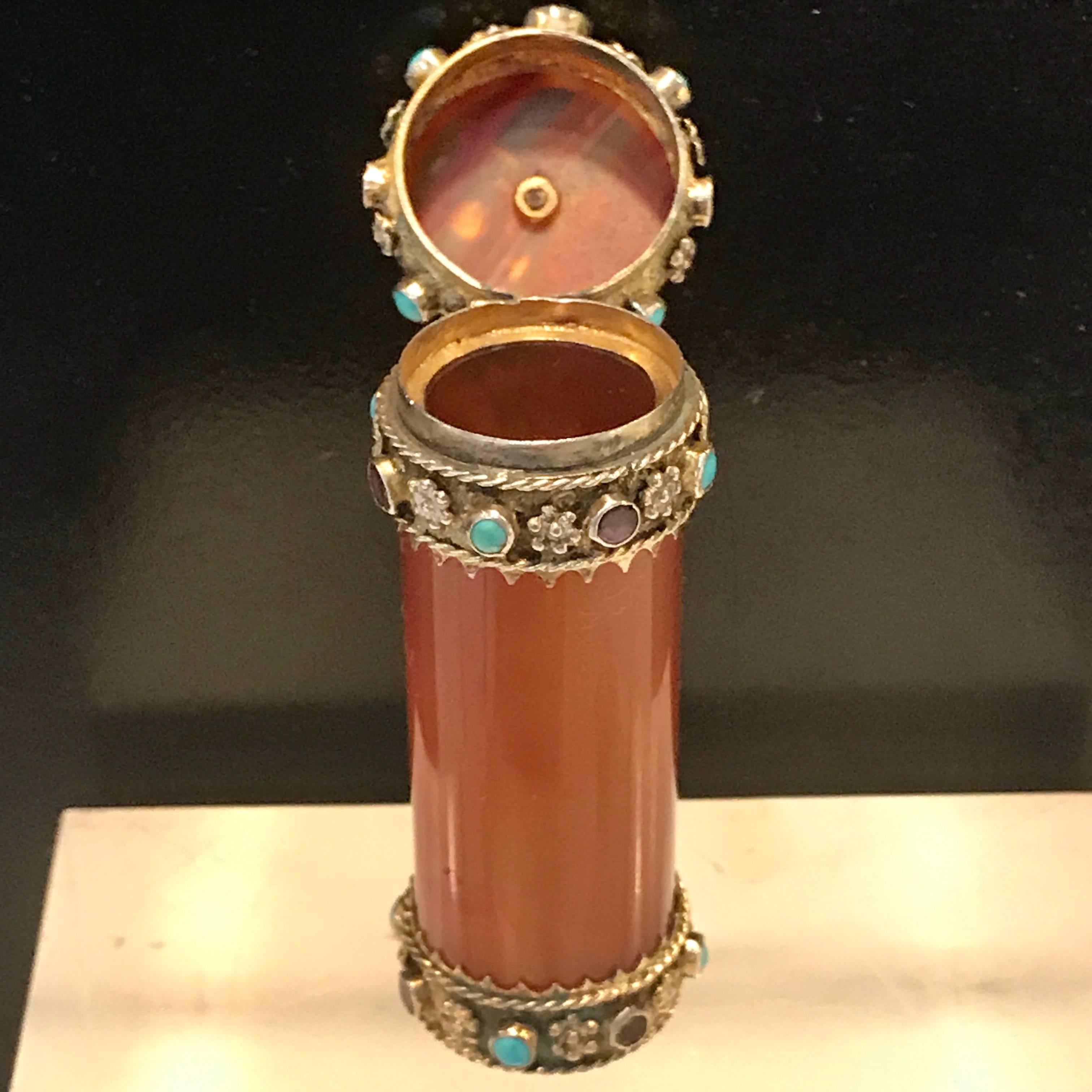 French Carved Agate, Silver and Jeweled Vesta or Match Safe 3