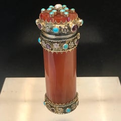 French Carved Agate, Silver and Jeweled Vesta or Match Safe
