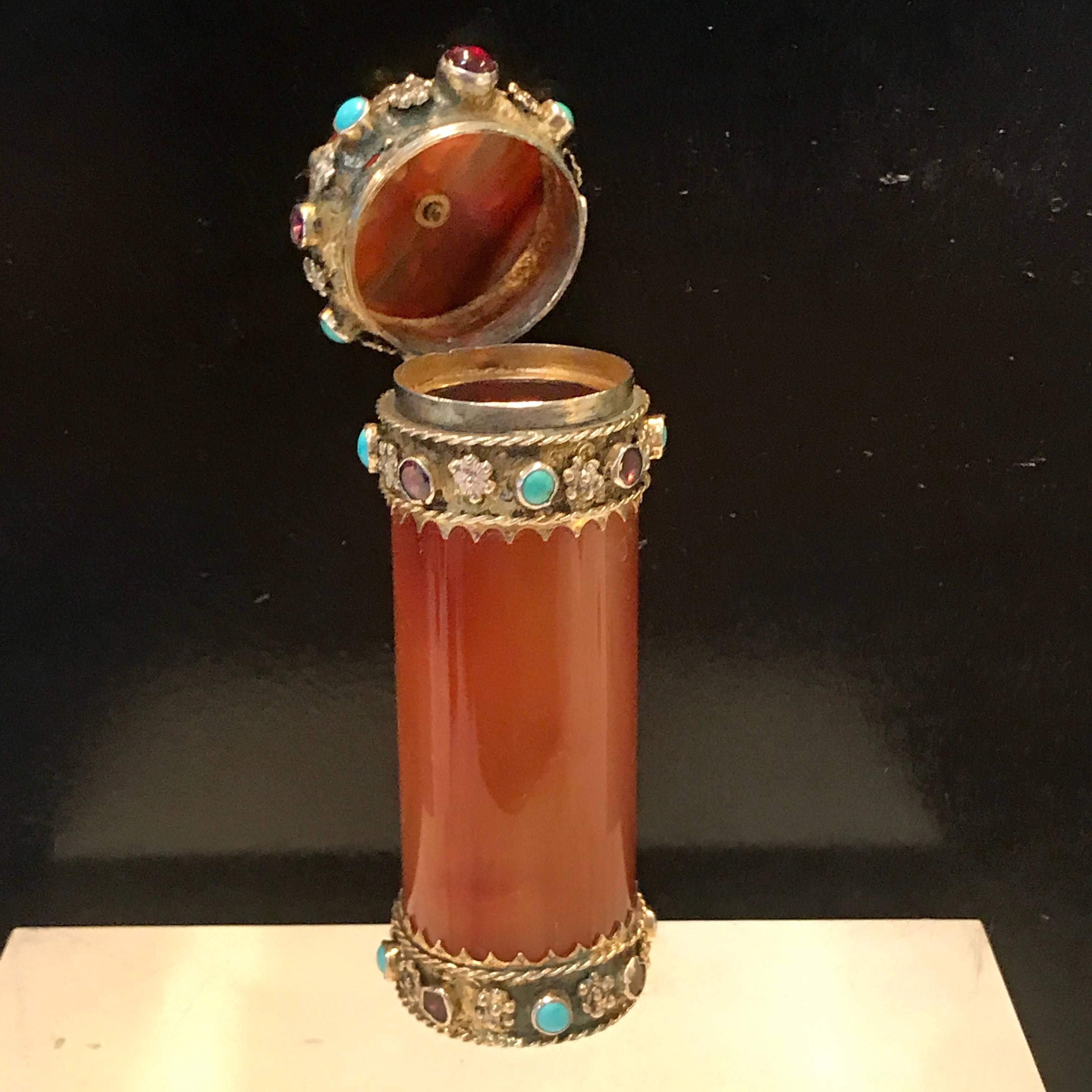 French Carved Agate, Silver and Jeweled Vesta or Match Safe 1