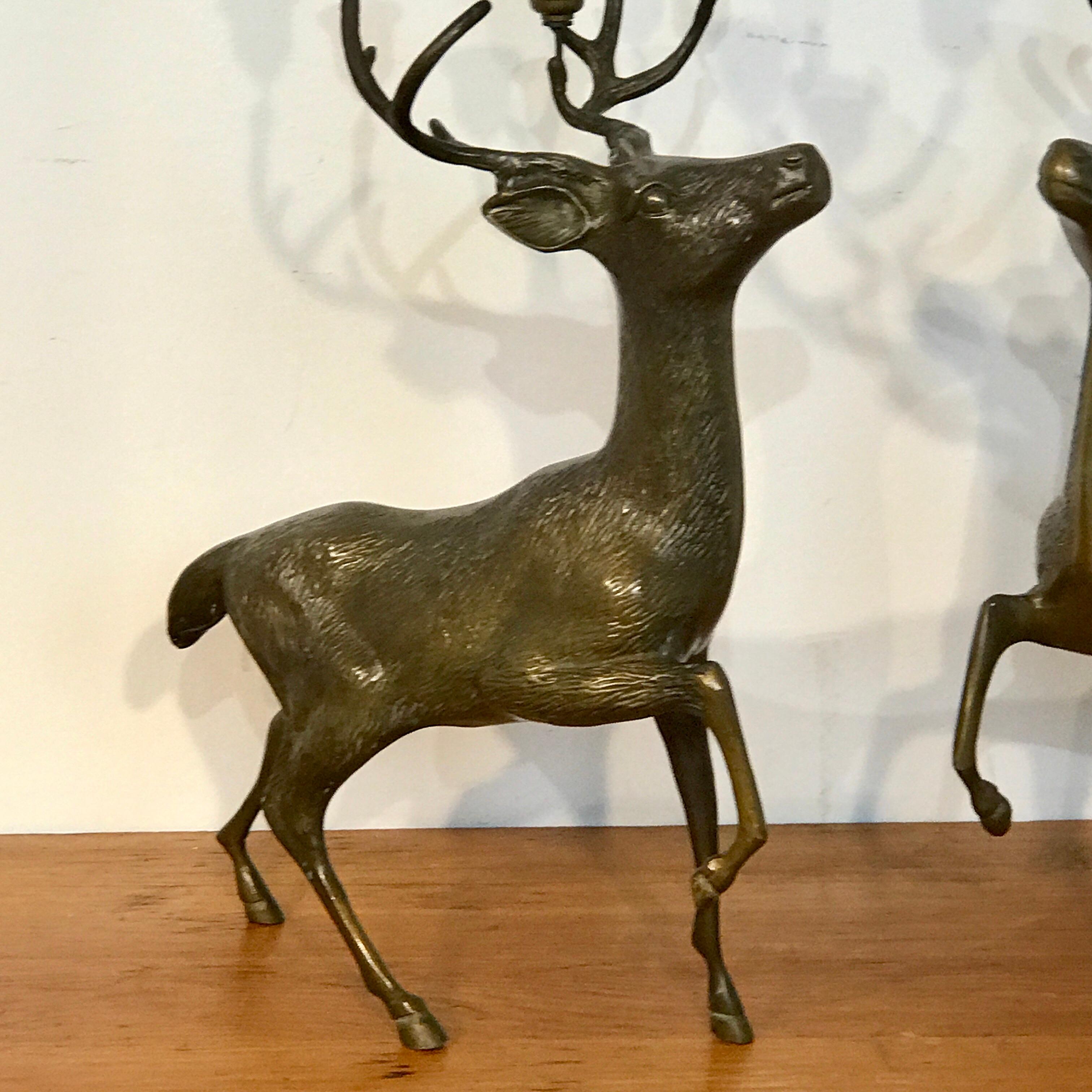 20th Century Pair of Midcentury Bronze Standing Deer Candelabra by Sarreid