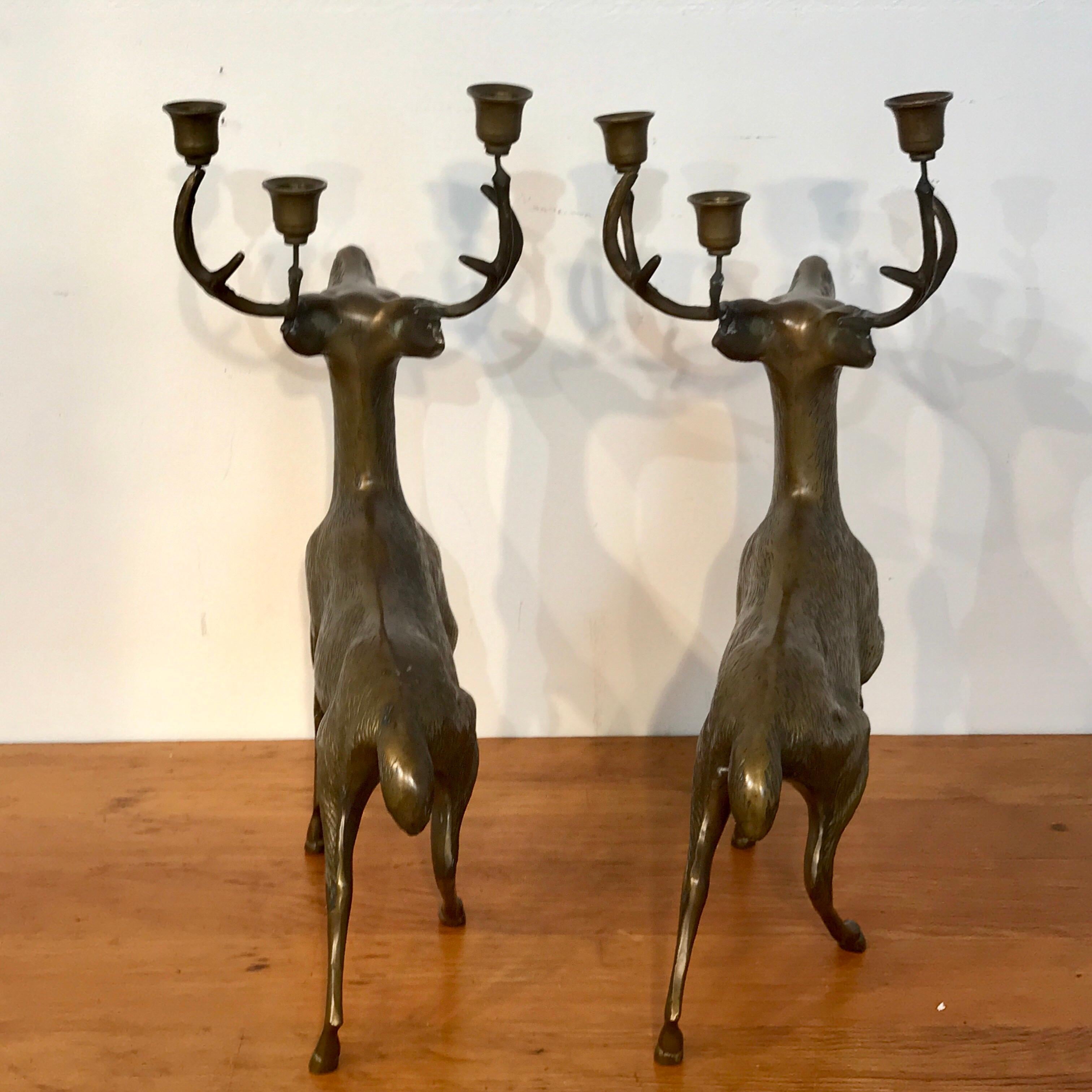 Mid-Century Modern Pair of Midcentury Bronze Standing Deer Candelabra by Sarreid
