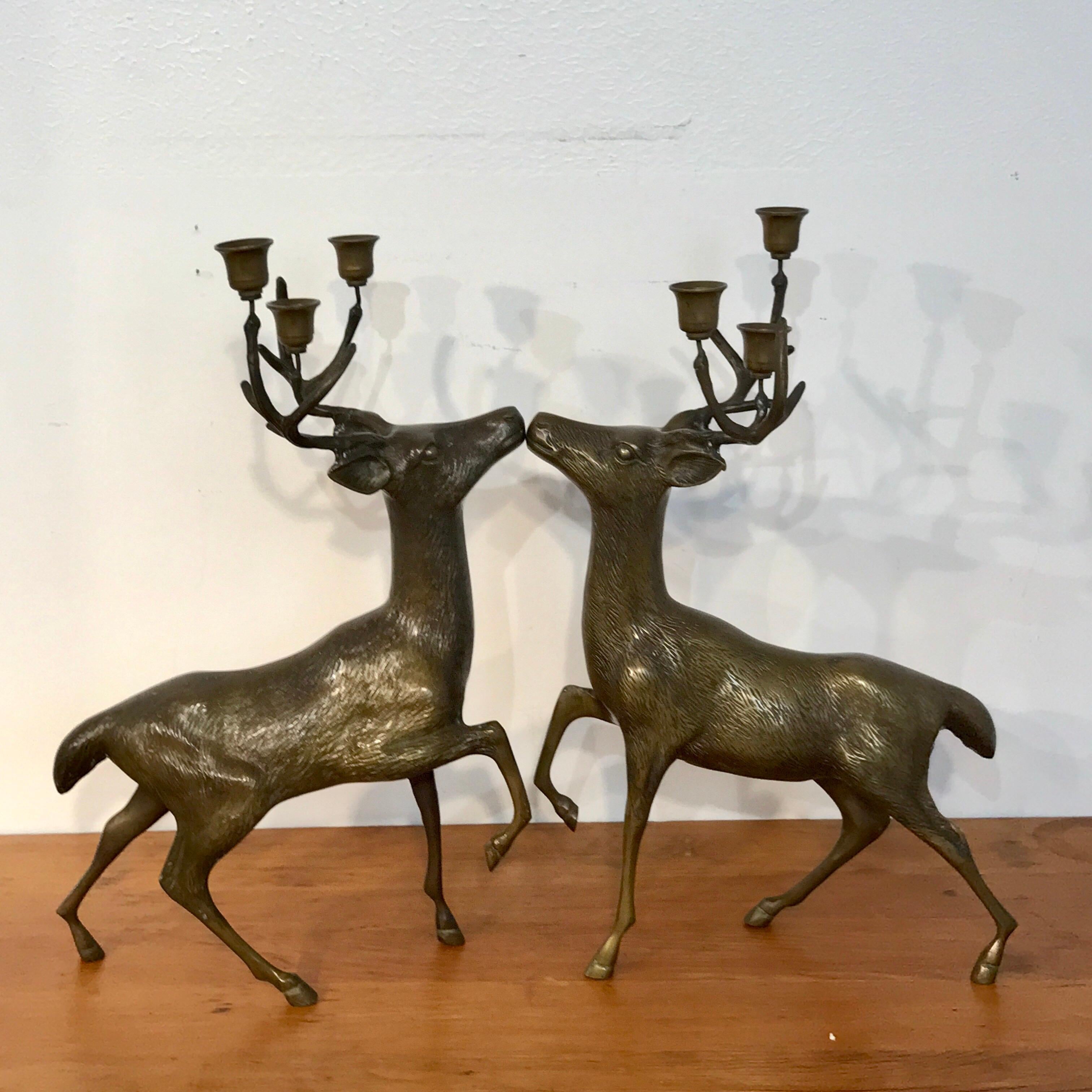 Patinated Pair of Midcentury Bronze Standing Deer Candelabra by Sarreid
