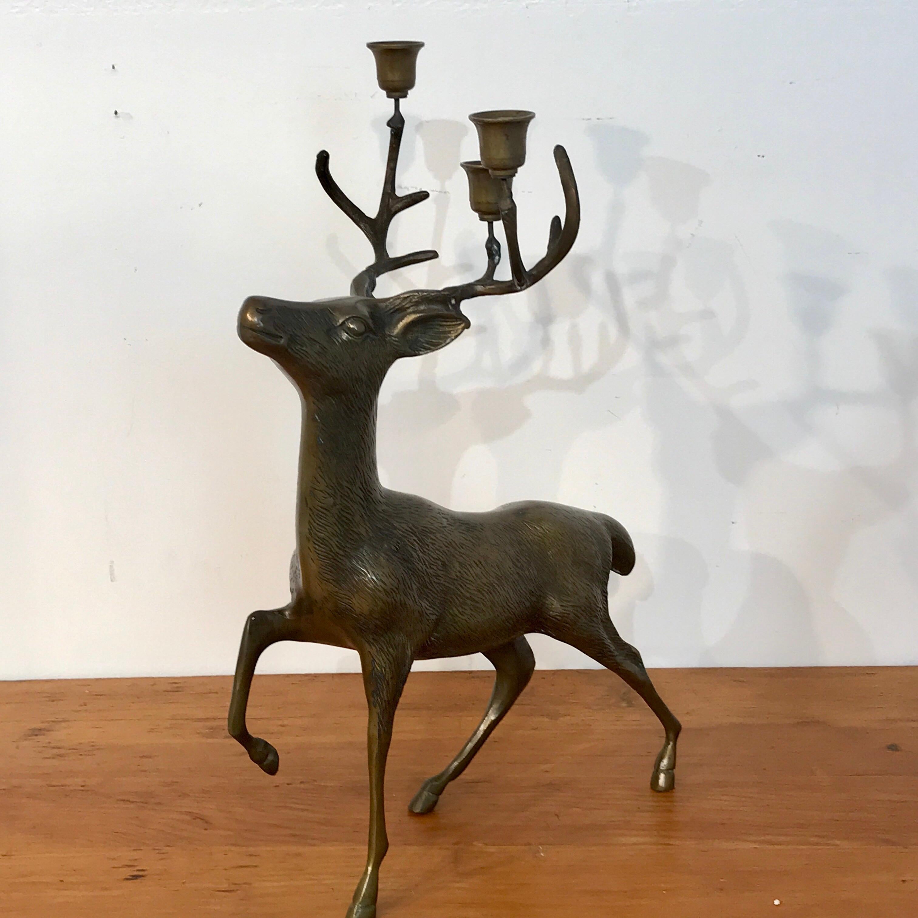 Pair of Midcentury Bronze Standing Deer Candelabra by Sarreid 1