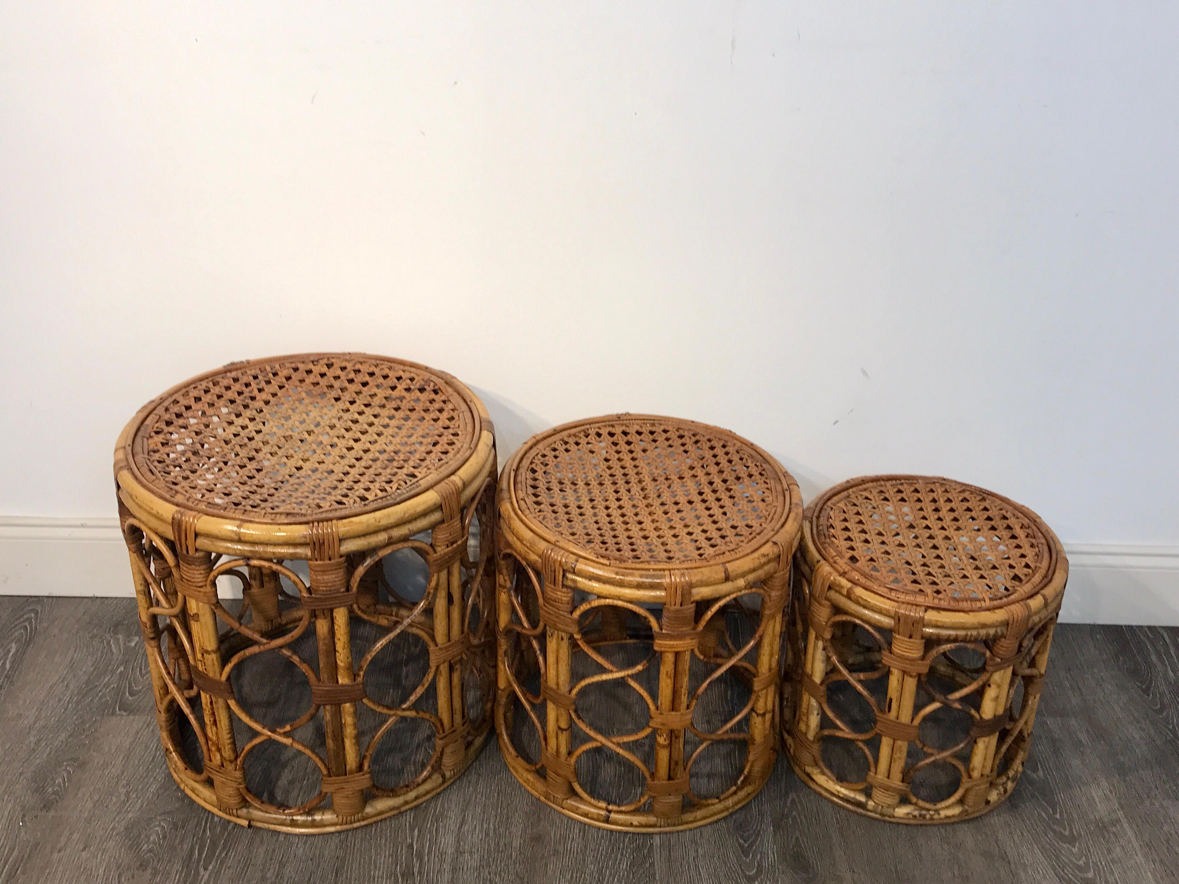 Mid-Century Modern Set of Three Graduating/ Nesting Bamboo, Rattan and Reed Nesting Side Tables