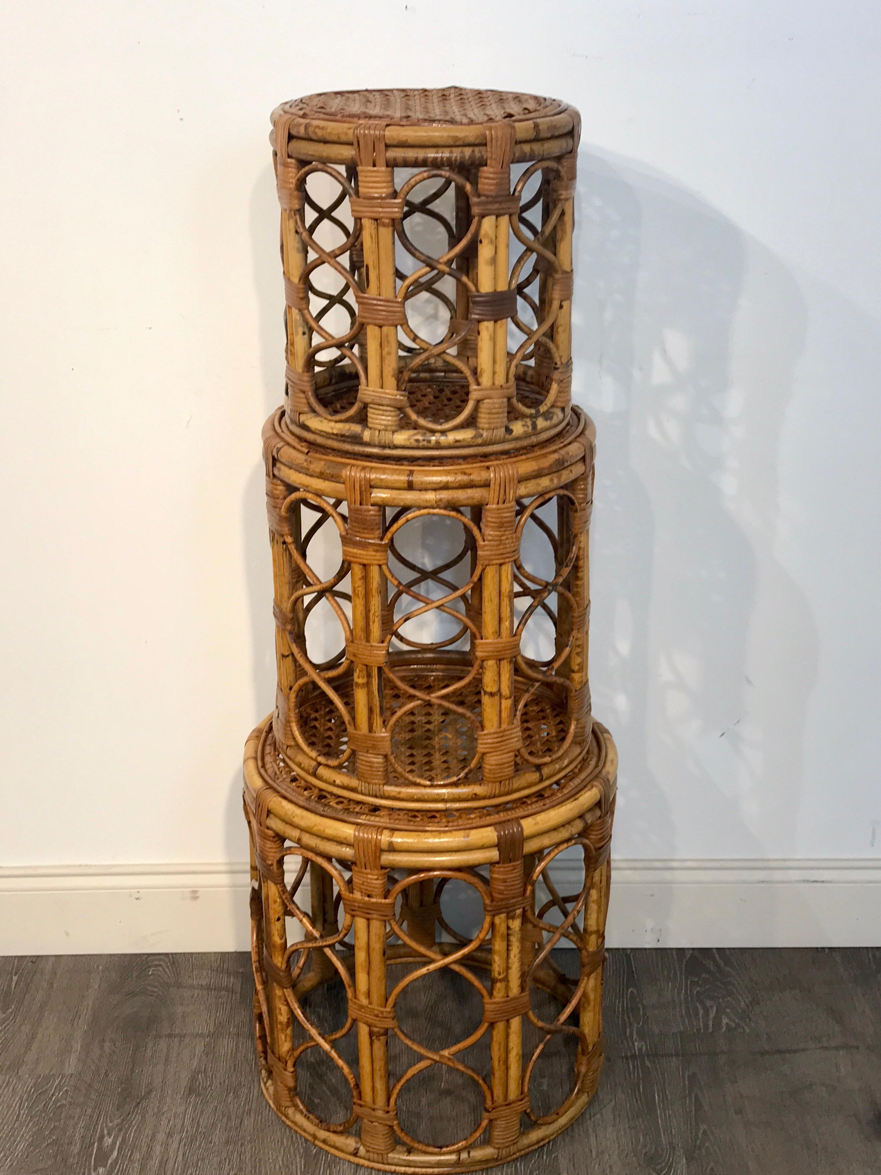 European Set of Three Graduating/ Nesting Bamboo, Rattan and Reed Nesting Side Tables