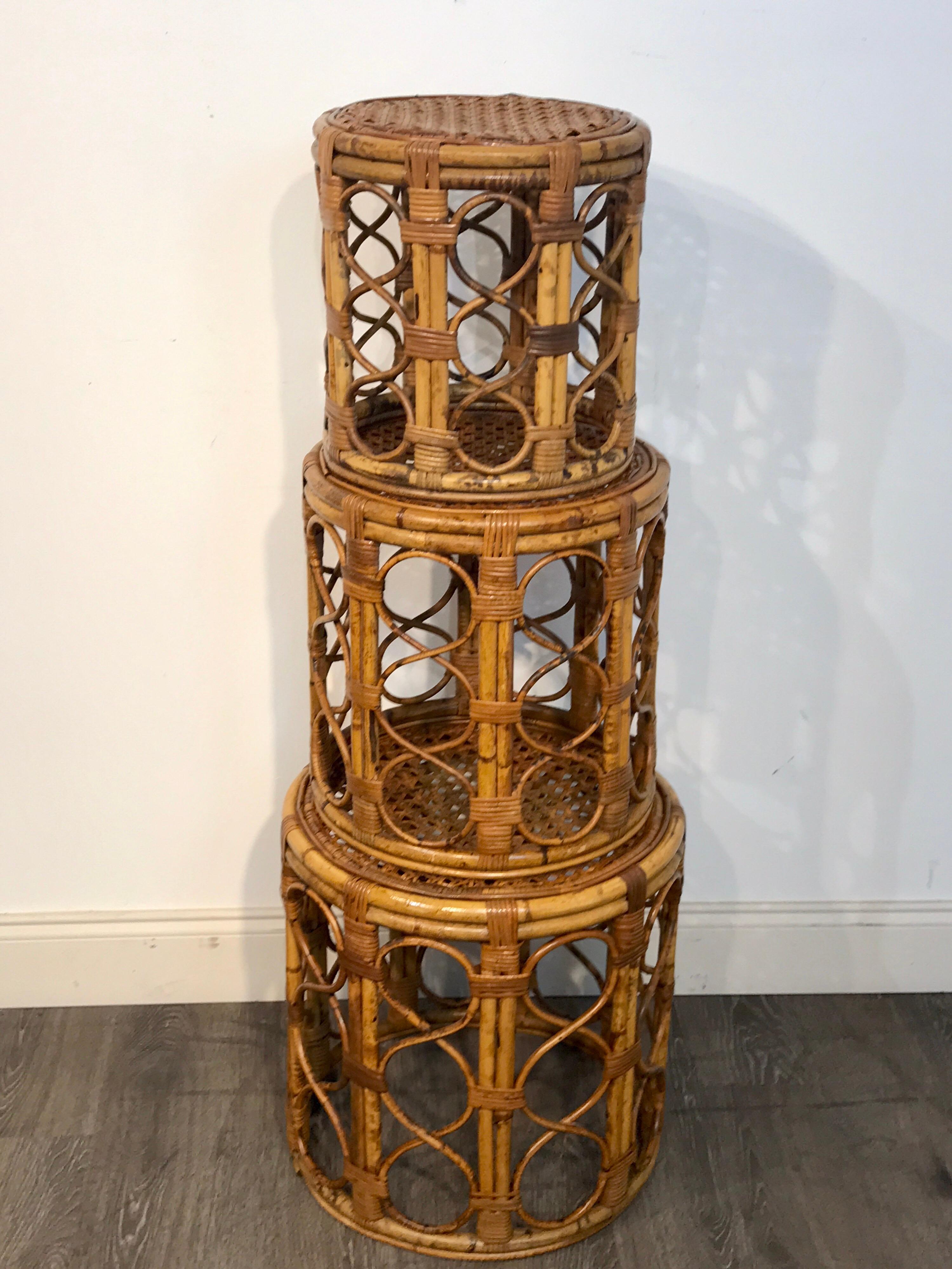 20th Century Set of Three Graduating/ Nesting Bamboo, Rattan and Reed Nesting Side Tables