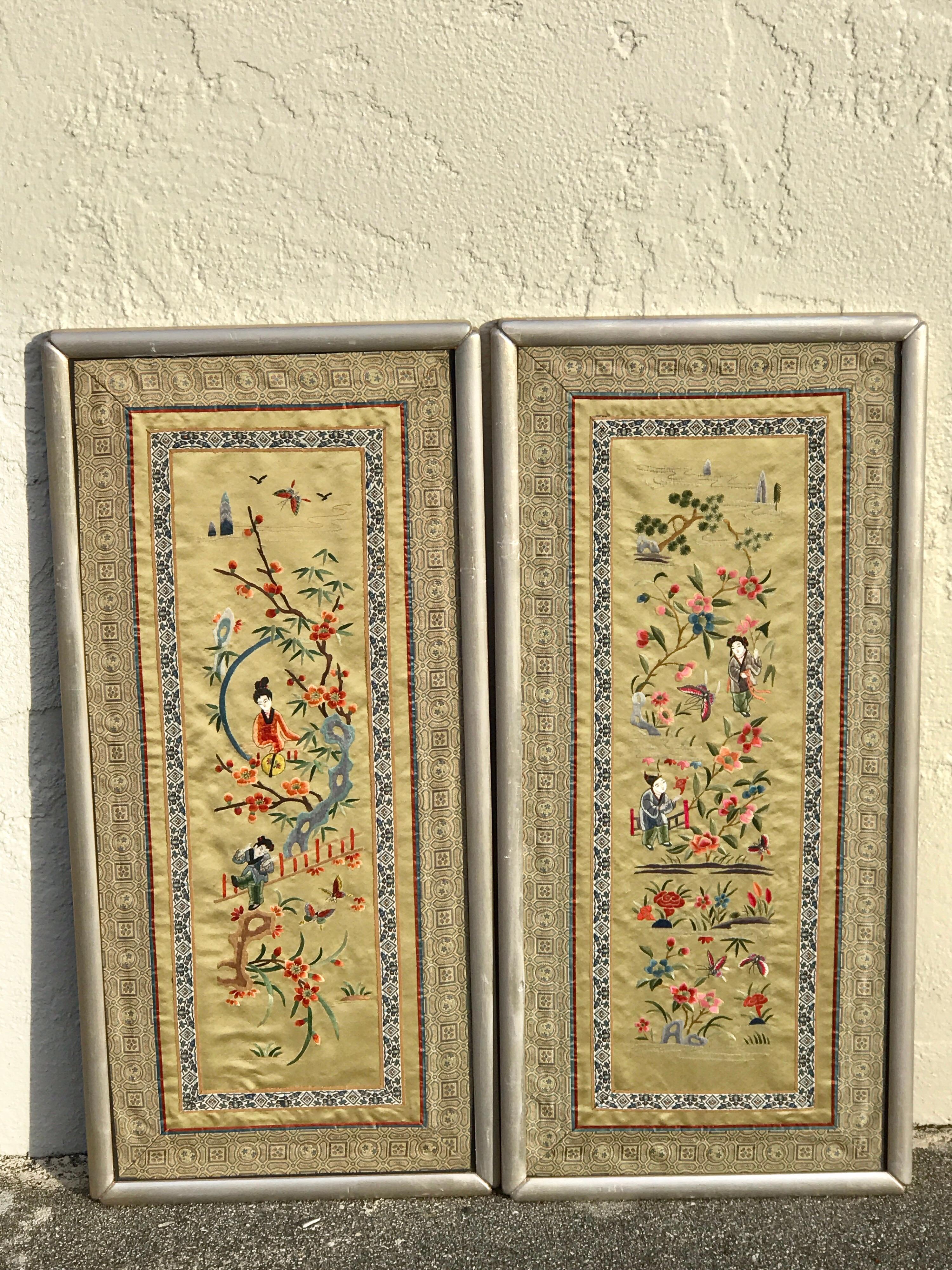 Pair of Chinese republic silk tapestries, each one intricately embroidered with Chinese garden scene, in later frames. Tapestries measure approximately 11