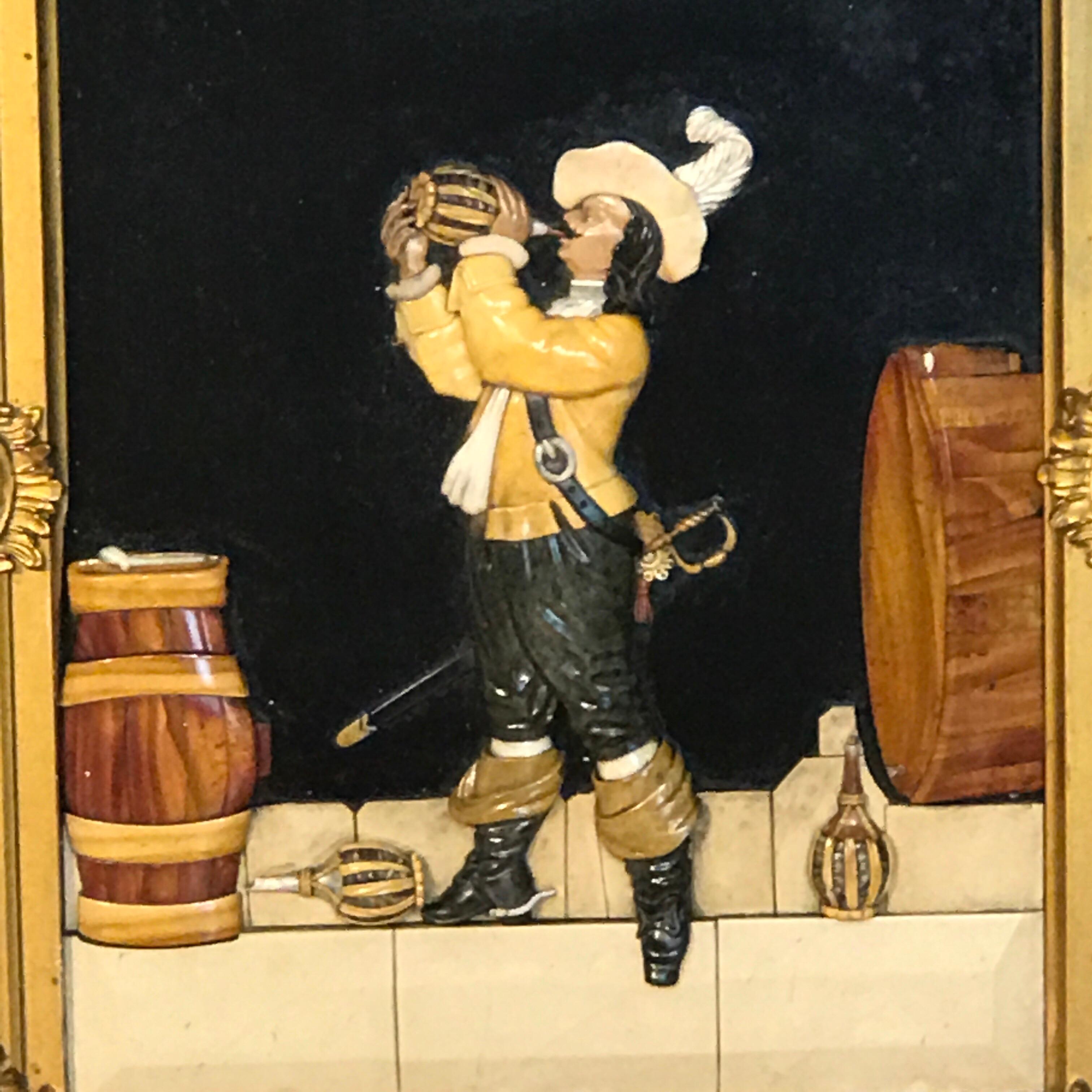 High Victorian Antique Florentine Raised Pietra Dura Plaque of a Drinking Cavalier After Vinea For Sale