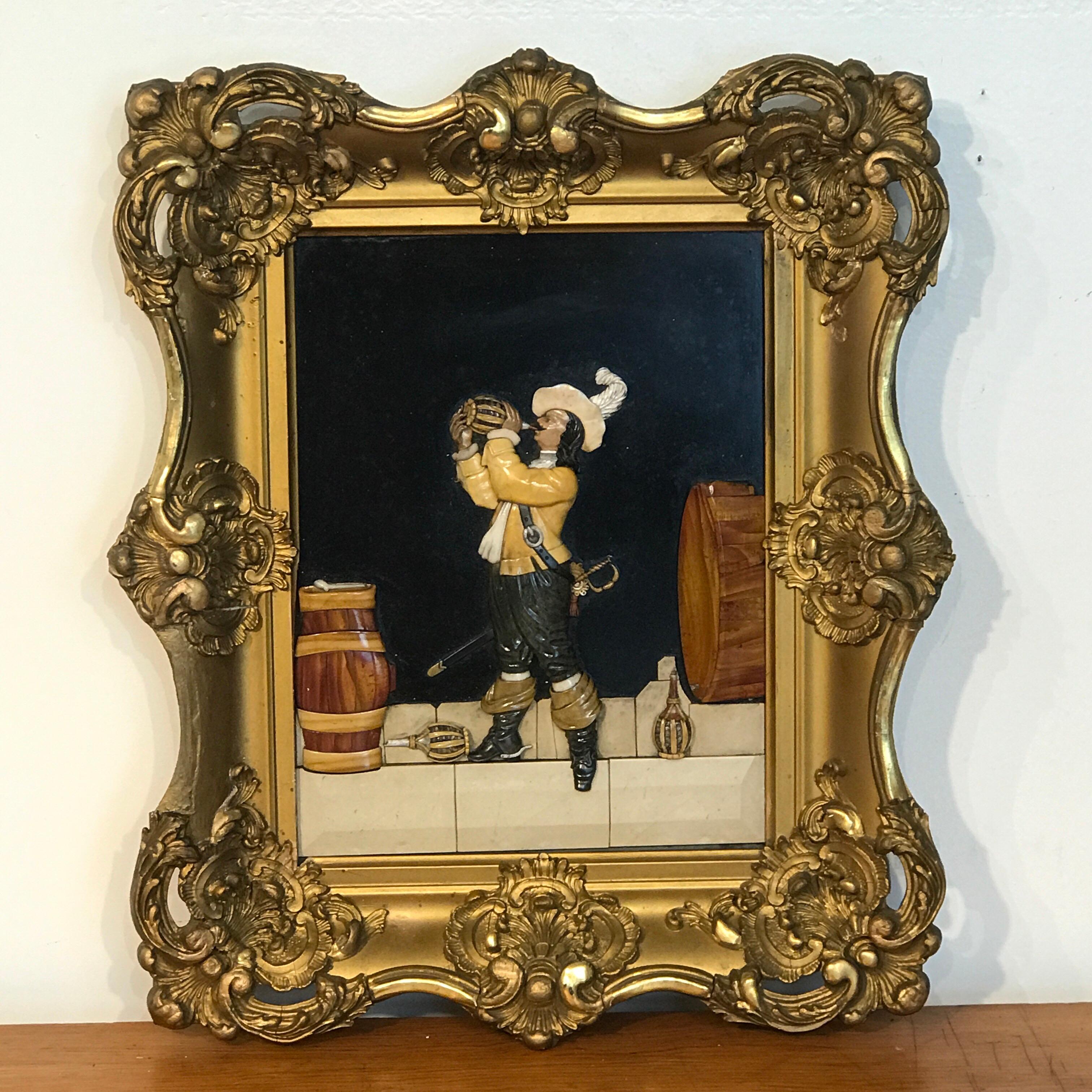 Antique Florentine Raised Pietra Dura Plaque of a Drinking Cavalier After Vinea

Presenting a singular piece of art, a stunning antique Florentine raised pietra dura plaque of a drinking cavalier after Vinea. This remarkable showpiece is a truly