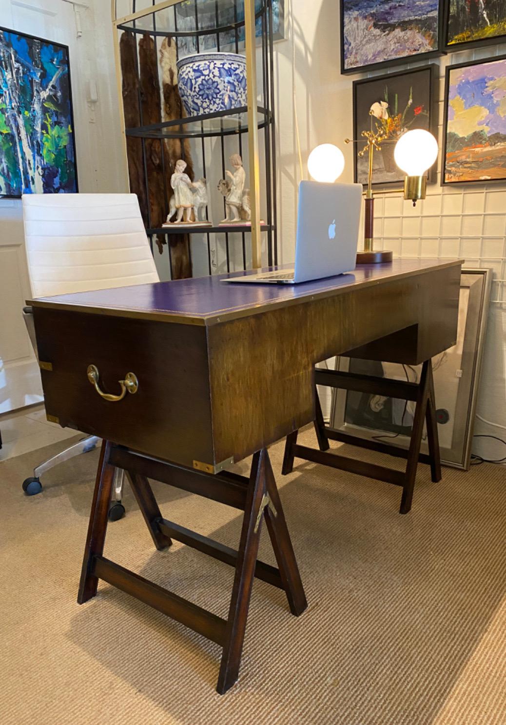 1970s Sheik Brass, Mahogany & Mulberry Leather Campaign Style Desk For Sale 3