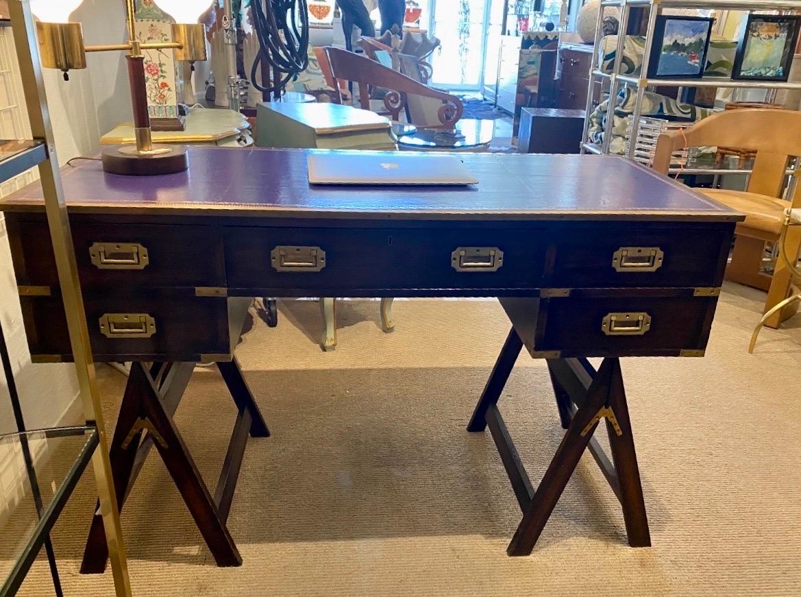 1970s Sheik Brass, Mahogany & Mulberry Leather Campaign Style Desk For Sale 5