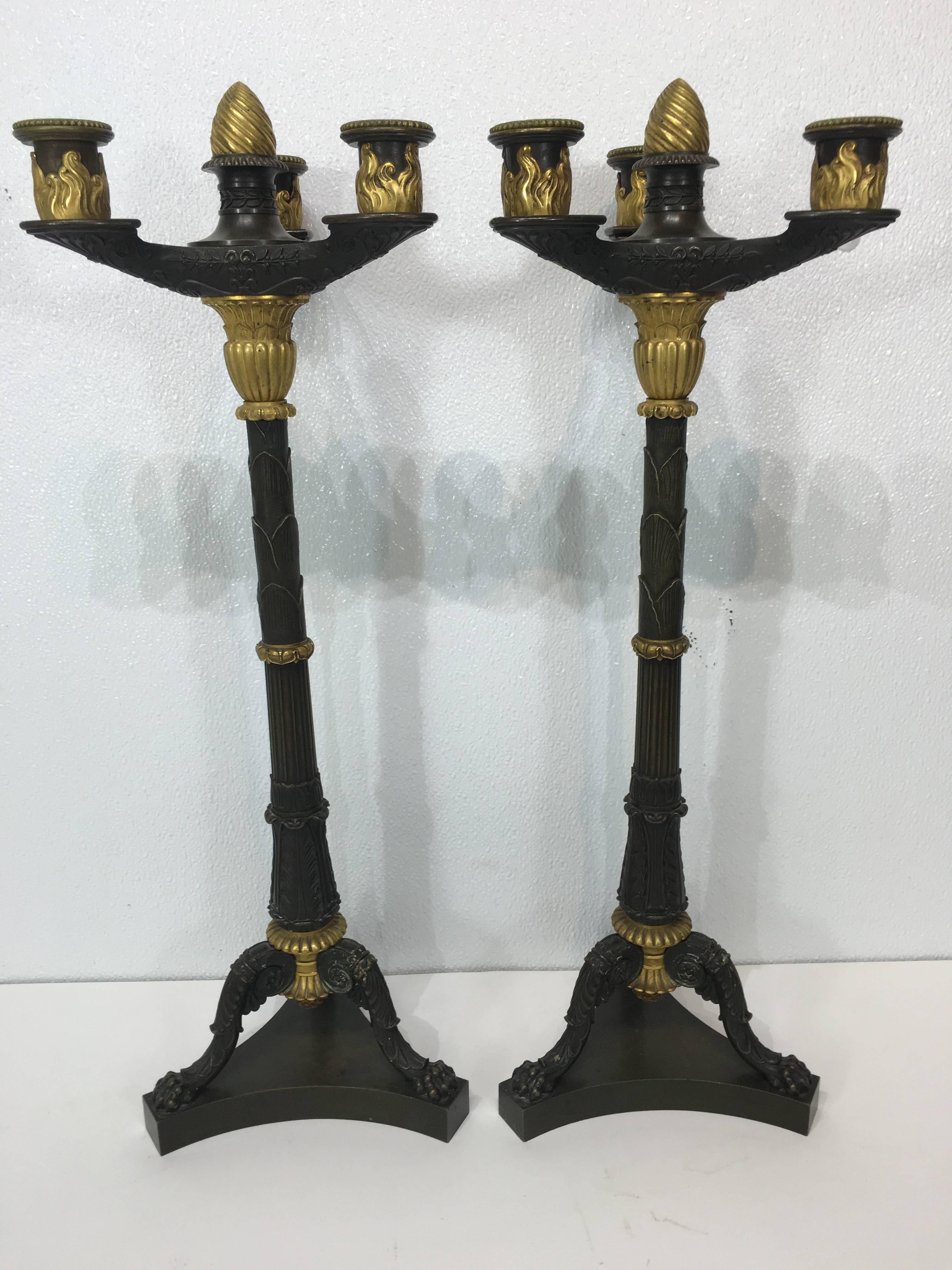 Pair of French Empire bronze candelabra, sleek and sophisticated in design, each one fitted with three lights, fire gilt details, raised on an organic column with paw foot pedestal base. Unsigned.
         