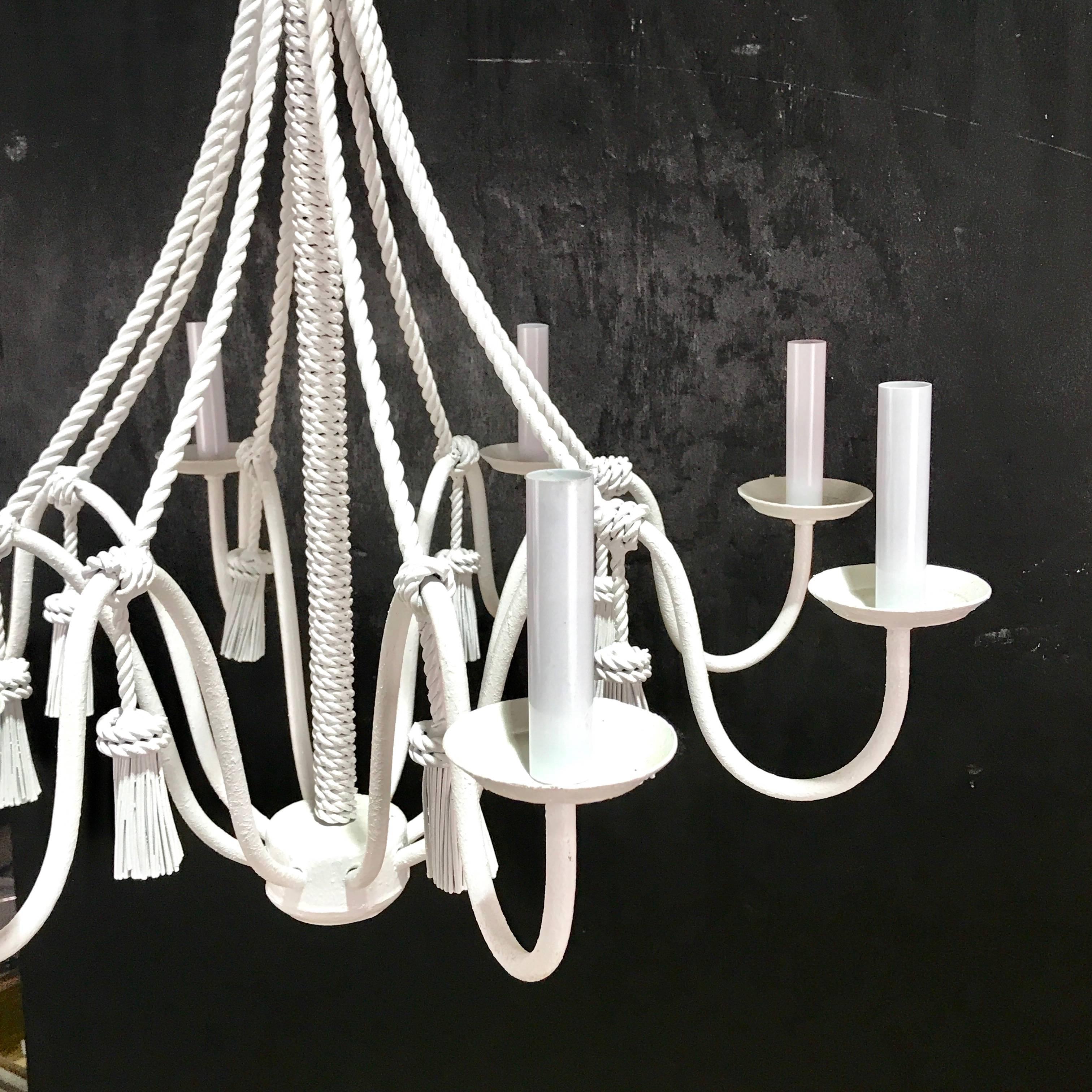 Iron rope and tassel motif eight-light chandelier in white, complete with 48