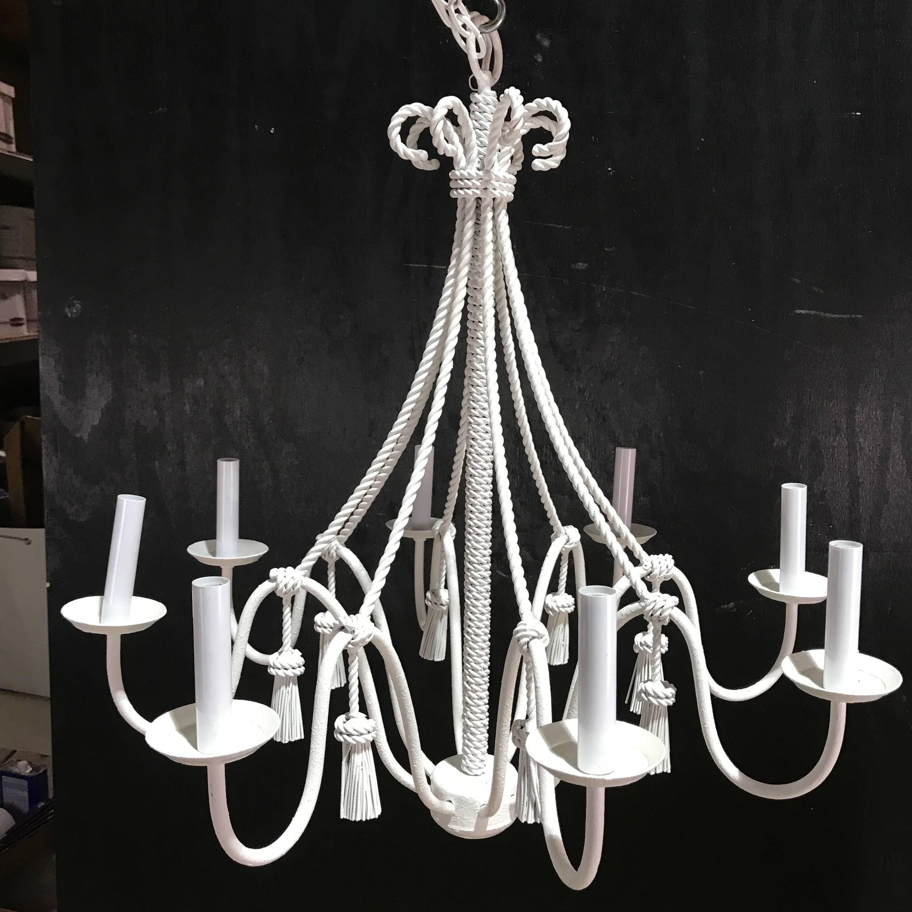 Mid-Century Modern Iron Rope and Tassel Motif Eight-Light Chandelier in White