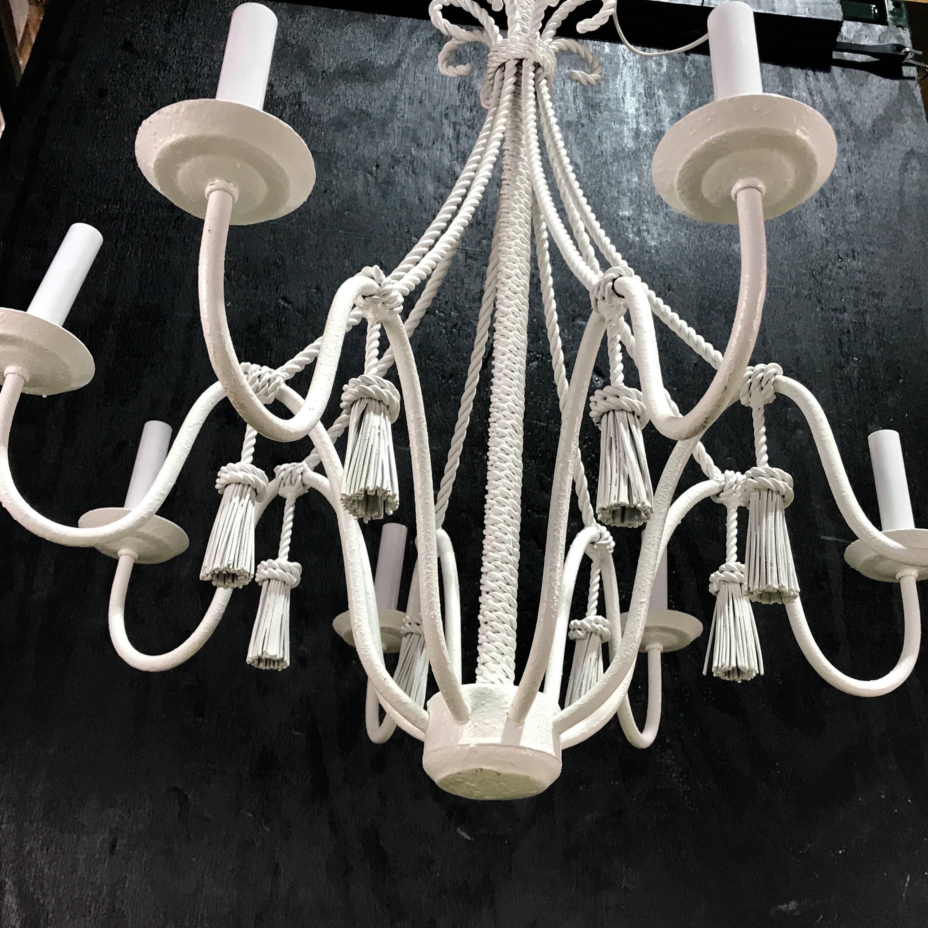 Enameled Iron Rope and Tassel Motif Eight-Light Chandelier in White