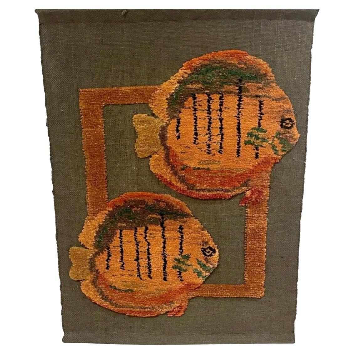 Mid Century Woven Fish Motif Tapestry by Tom Taylor, 1990 For Sale
