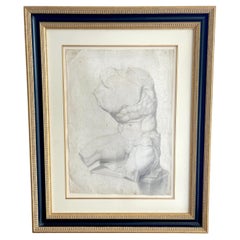 Grand Tour Old Master Drawing of a Seated Male Nude Antique Statue Torso