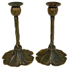 Art Nouveau Bronze Lily Pad & Water Nymph Candlesticks, Signed CH Barr, 1902