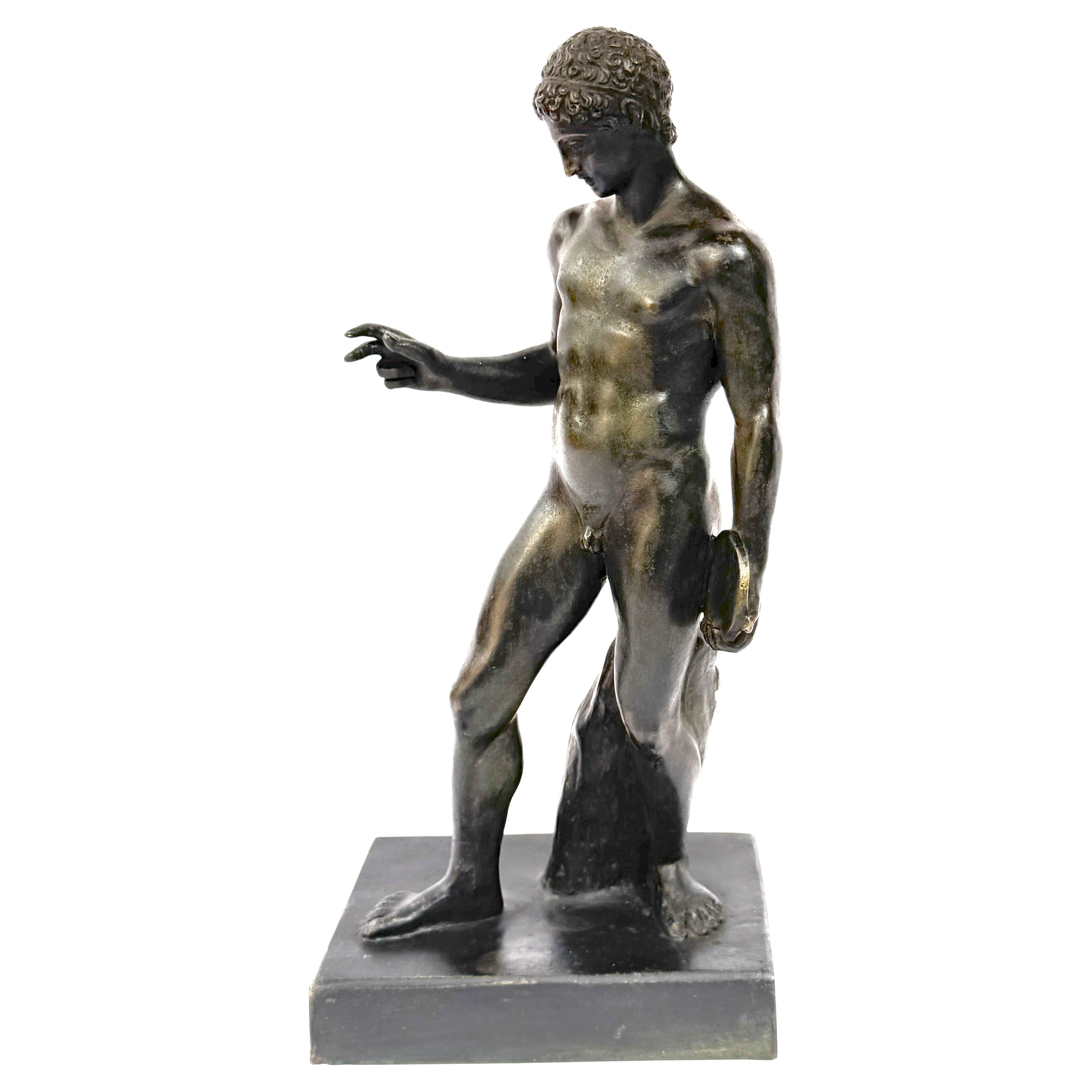 19th C. Italian Bronze Grand Tour Sculpture Nude Discuss Athlete, in Repose