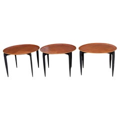 Danish Teak & Ebonized Circular Campaign Tray Tables by Fritz Hansen