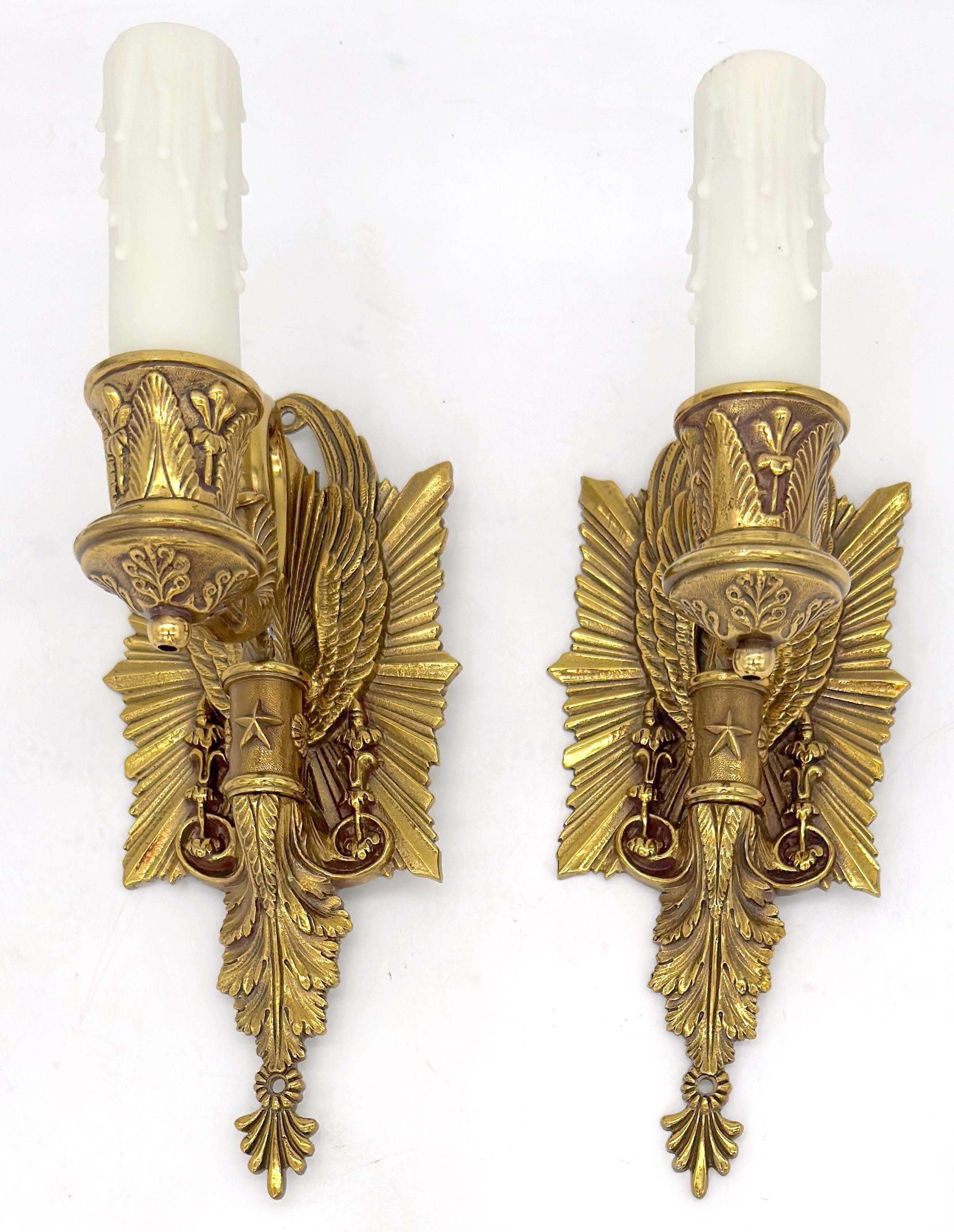 Cast Pair of Diminutive Neoclassical Bronze Wall Sconces, Attributed P.E. Guerin For Sale