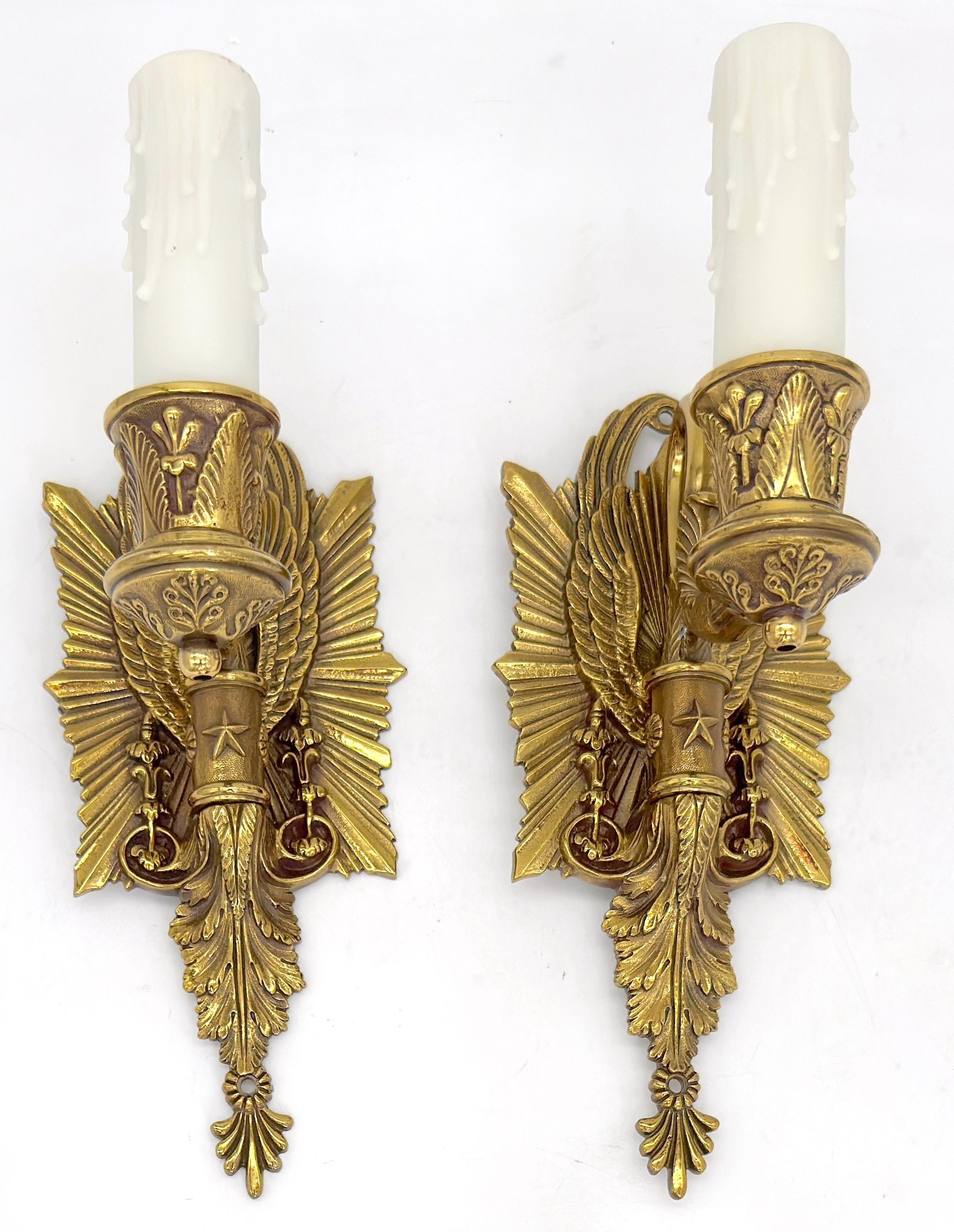 Pair of Diminutive Napoleonic Neoclassical Bronze Wall Sconces with Swan Motif, Attributed to P.E. Guerin, Rewired
a rare opportunity to acquire highly decorative, classically inspired sconces with exceptional detail in a versatile scale.

Elegant