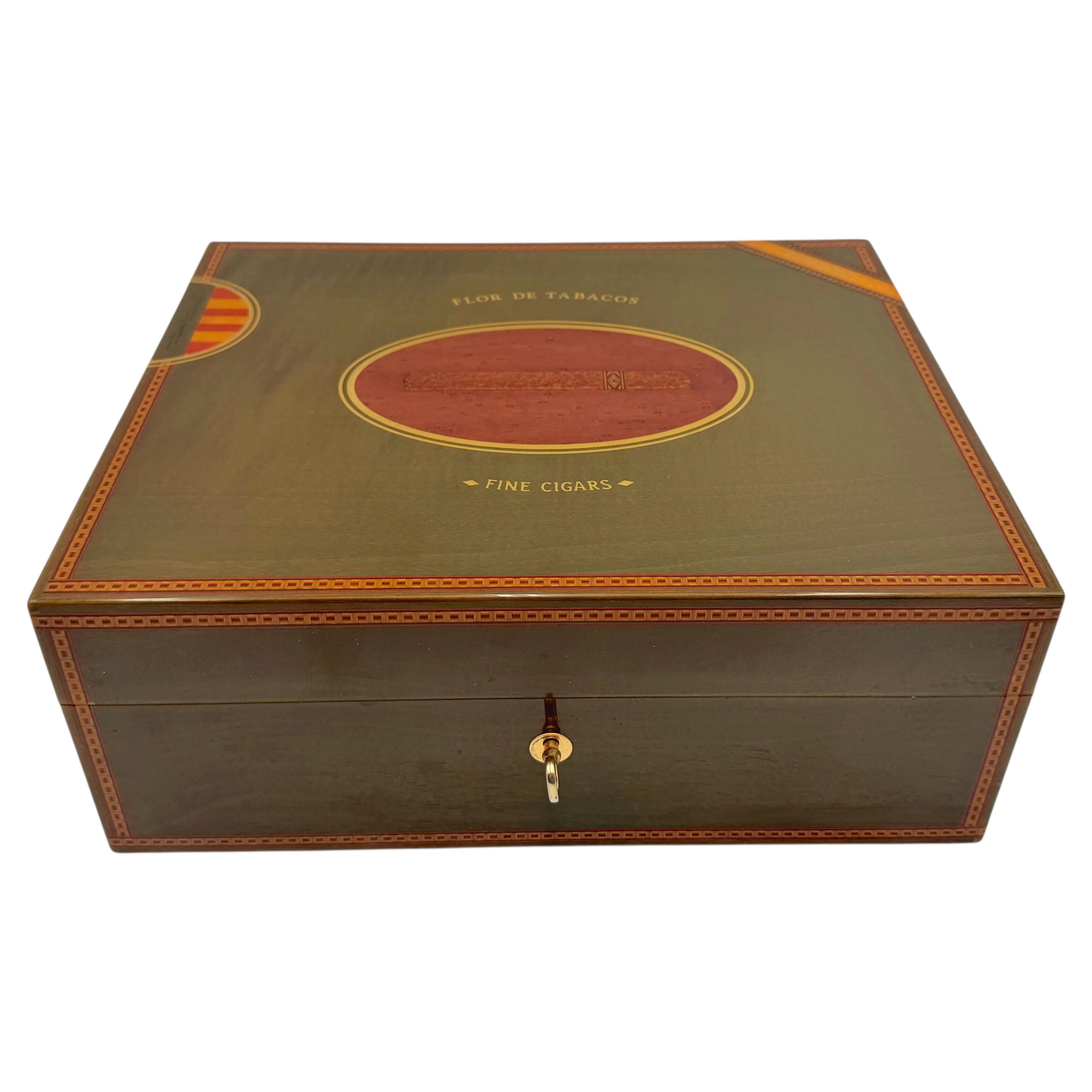Pre-owned Elie Bleu Paris �flor De Tabacos� Harewood Marquetry Cigar Humidor, With Key In Brown