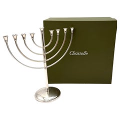 Christofle French Modernist Silver-Plate Hanukkah Menorah, Original Box
