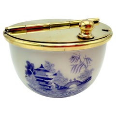 American Violet Willow-Style Porcelain and Brass Sugar Bowl, Circa 1900