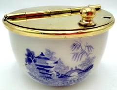 American Violet Willow-Style Porcelain and Brass Sugar Bowl, Circa 1900