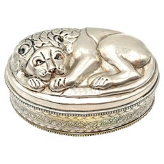 Persian Silver-Plated Qalamzani Oval Box with Lion Motif, circa 1950