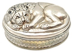 Persian Silver-Plated Qalamzani Oval Box with Lion Motif, circa 1950