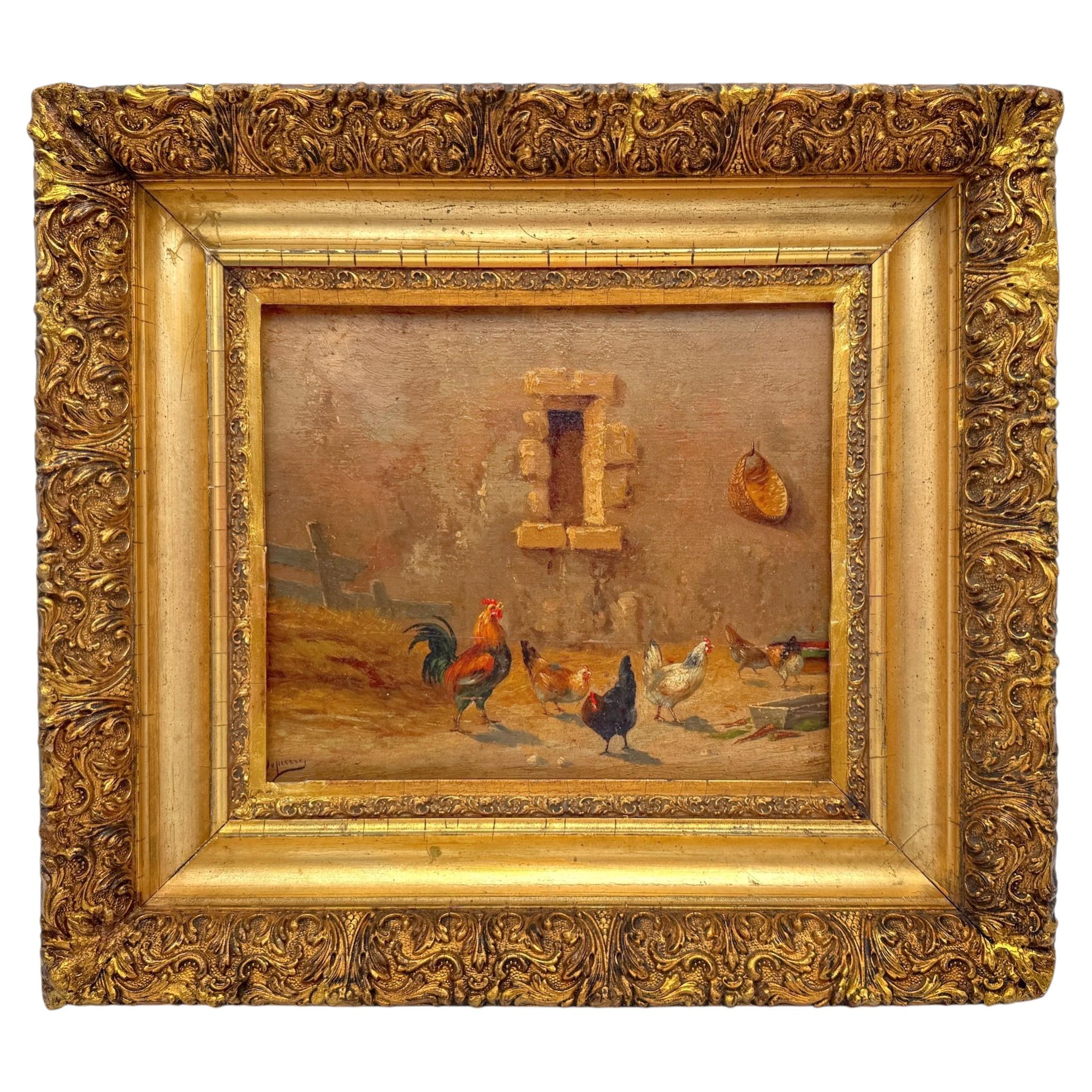 Jules Depierre French Farmyard Scene with Chickens, Oil on Panel, Late 19th Cent For Sale