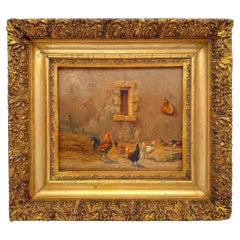 Jules Depierre French Farmyard Scene with Chickens, Oil on Panel, Late 19th Cent