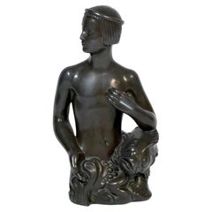 Just Andersen Danish Art Deco Disko Metal Young Man with Fish Sculpture 1742
