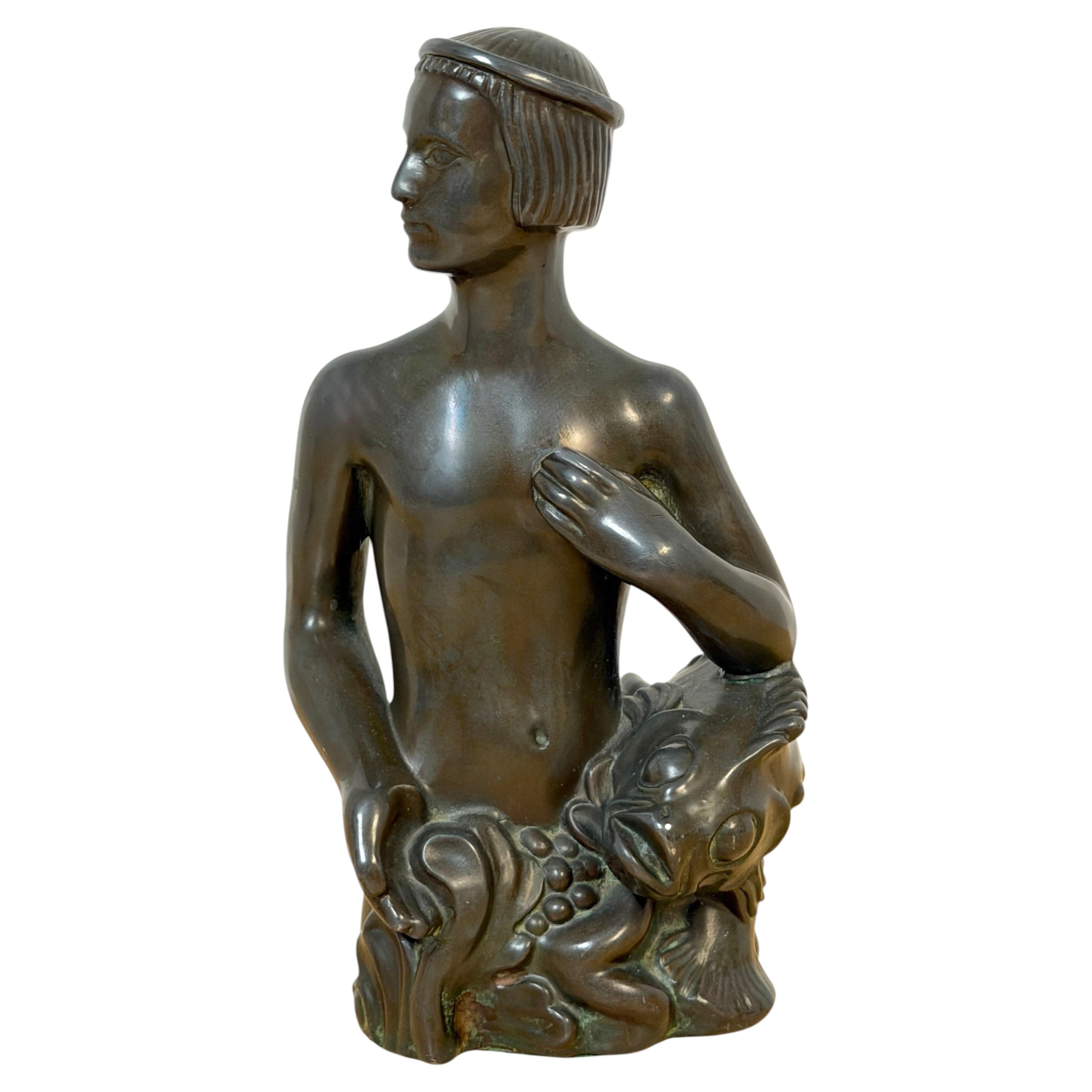 Just Andersen Danish Art Deco Disko Metal Young Man with Fish Sculpture 1742 For Sale