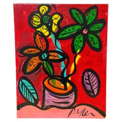Peter Keil, natura morta floreale espressionista su fondo rosso, firmata, olio su tela